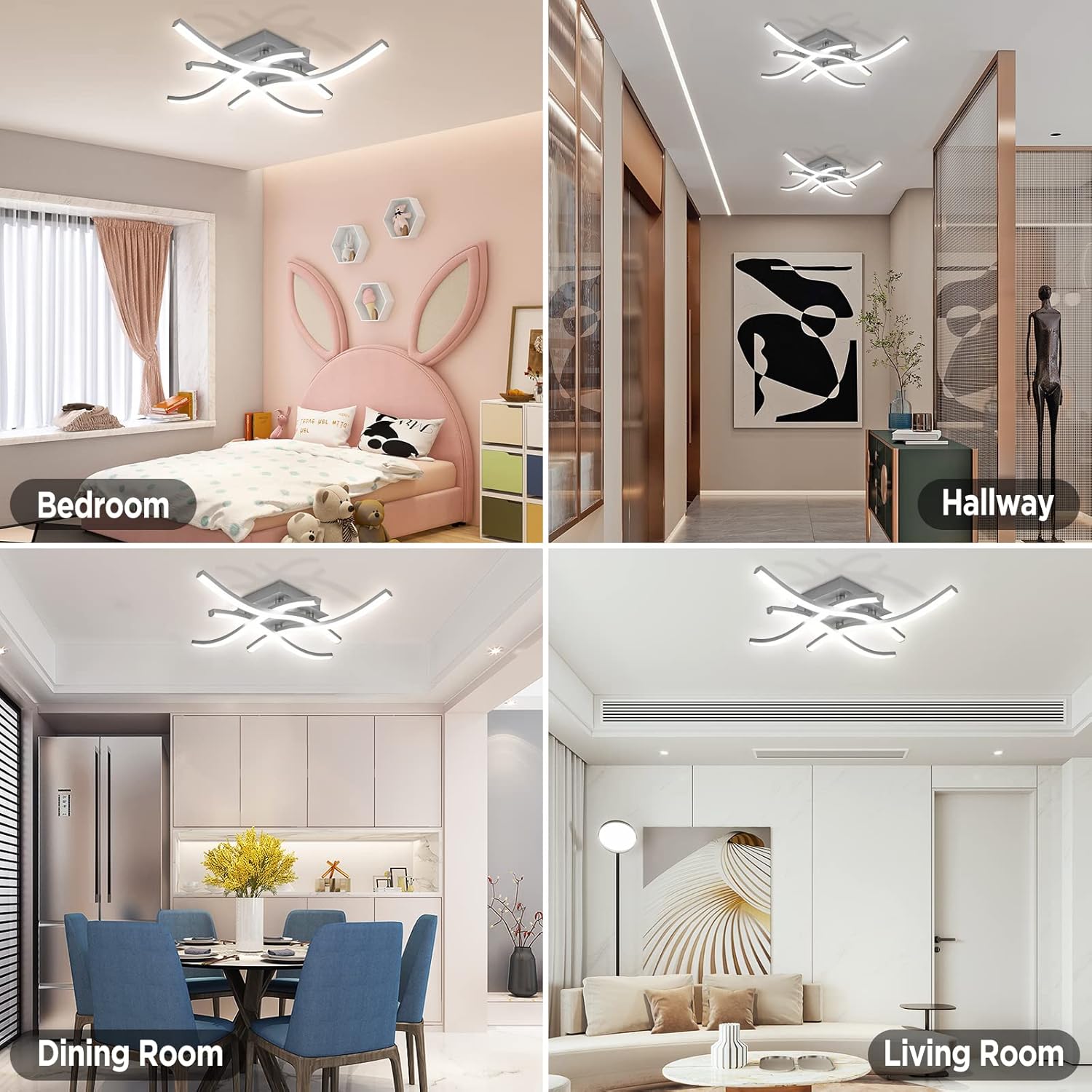 ALLOMN Plafoniera a LED Curva, Plafoniera a 4 Schede LED Montaggio 24W 1800Lm Plafoniera a Incasso Design Moderno Senza Sfarfallio per Camera da Letto Soggiorno Corridoio Cucina(Grigio-Bianco Freddo) - immagine 2