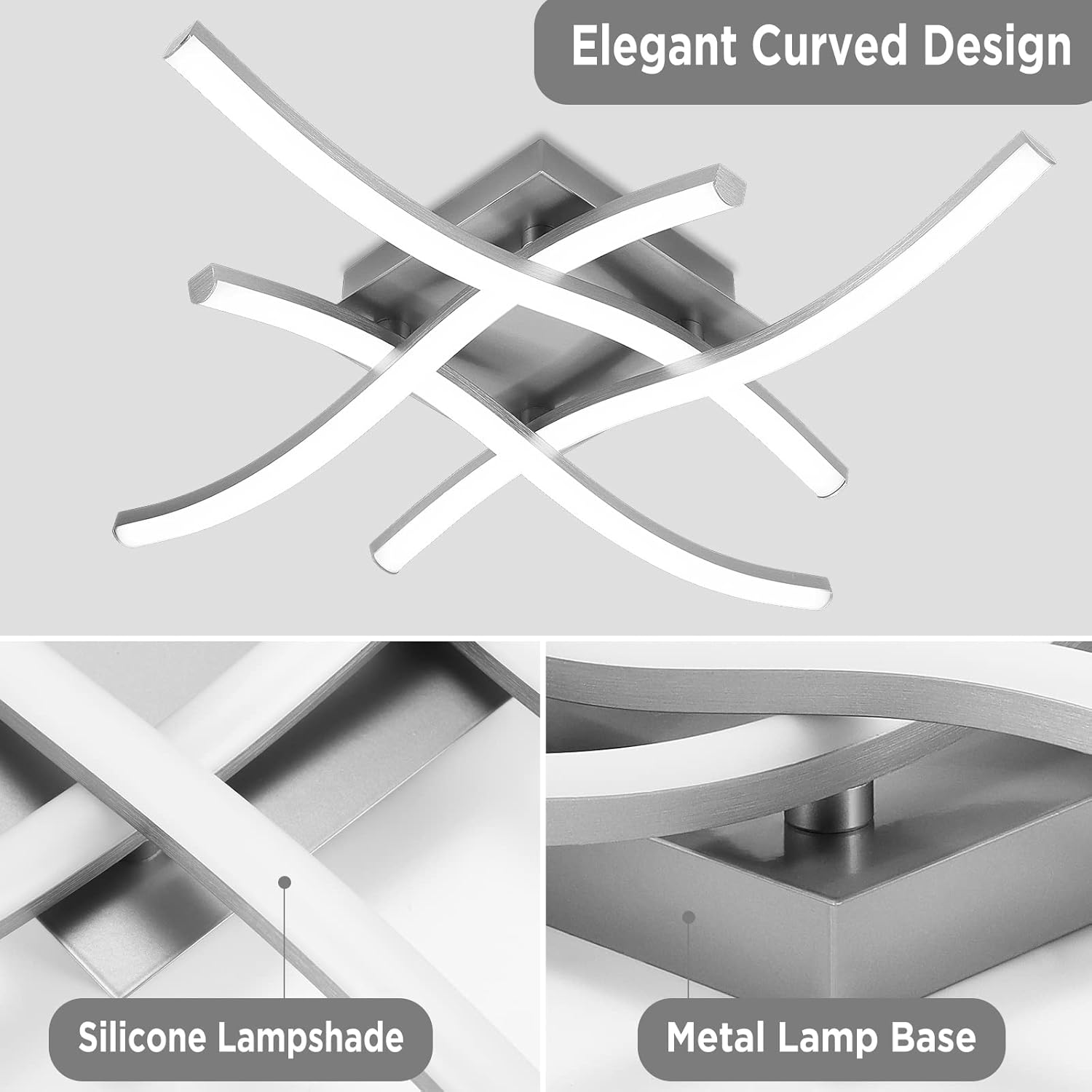 ALLOMN Plafoniera a LED Curva, Plafoniera a 4 Schede LED Montaggio 24W 1800Lm Plafoniera a Incasso Design Moderno Senza Sfarfallio per Camera da Letto Soggiorno Corridoio Cucina(Grigio-Bianco Freddo) - immagine 3