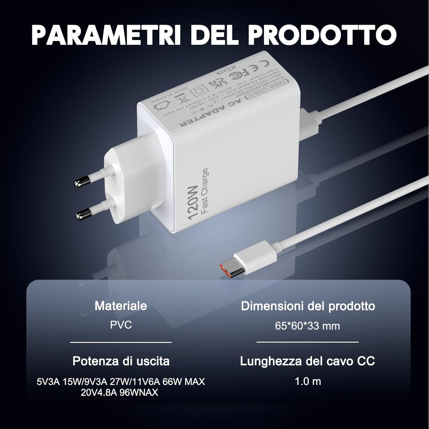 Caricabatterie USB 120W per Xiaomi con Cavo USB-C 1m - immagine 3