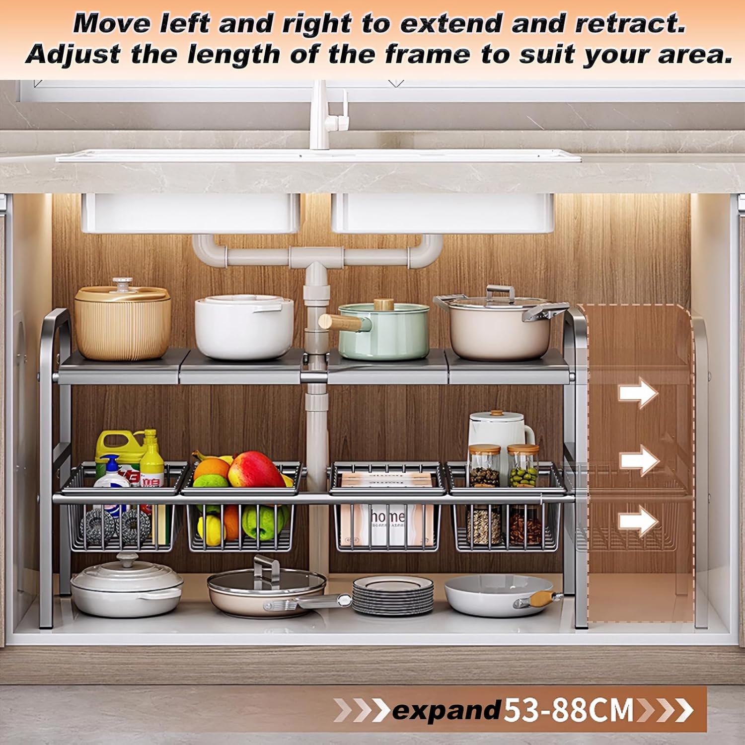 Organizer Sottolavello Cucina a 2 Livelli, Nero - immagine 2