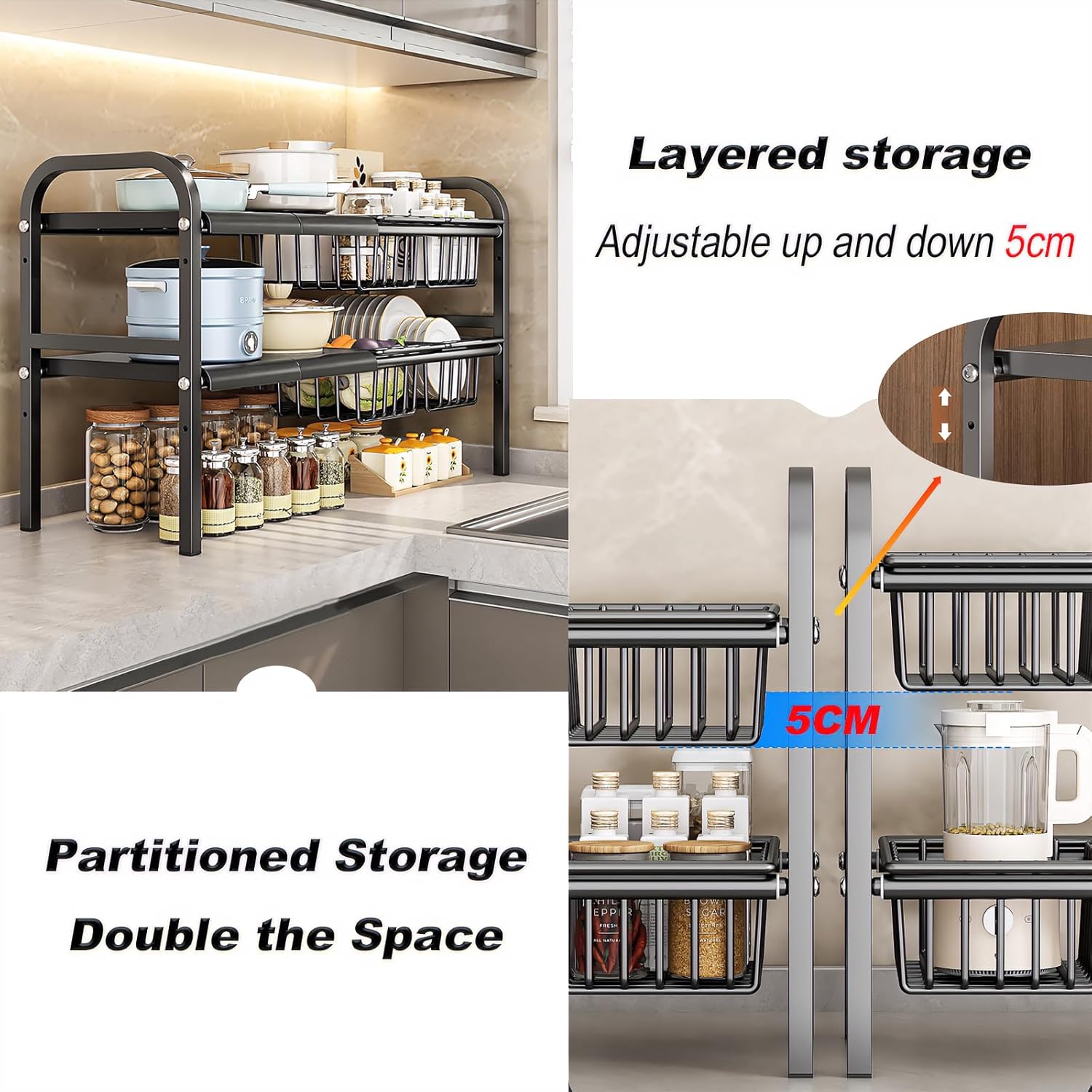 Organizer Sottolavello Cucina a 2 Livelli, Nero - immagine 3