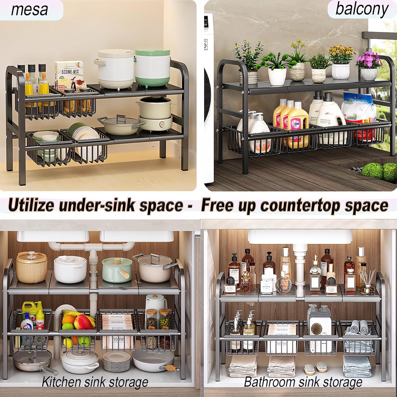 Organizer Sottolavello Cucina a 2 Livelli, Nero - immagine 5