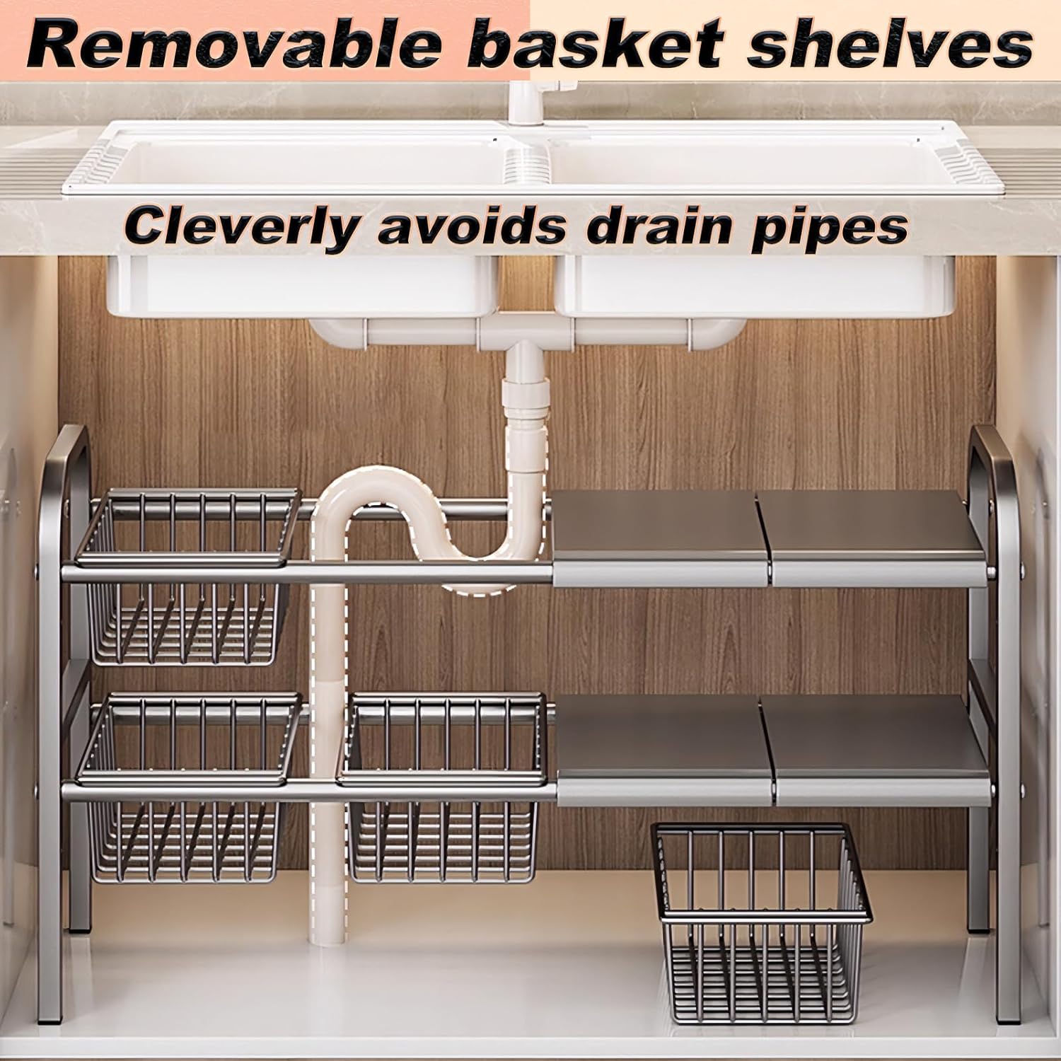 Organizer Sottolavello Cucina a 2 Livelli, Nero - immagine 6