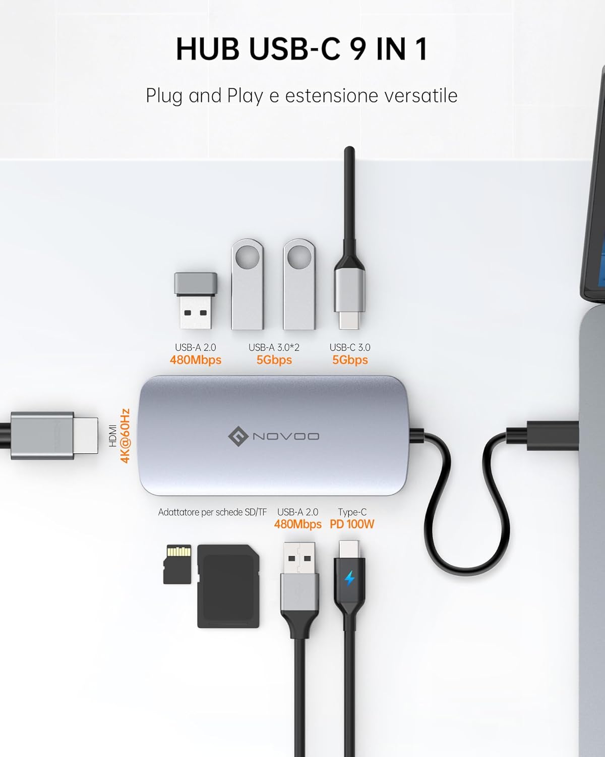 NOVOO Hub USB C 9 in 1 con HDMI 4K@60Hz - immagine 2