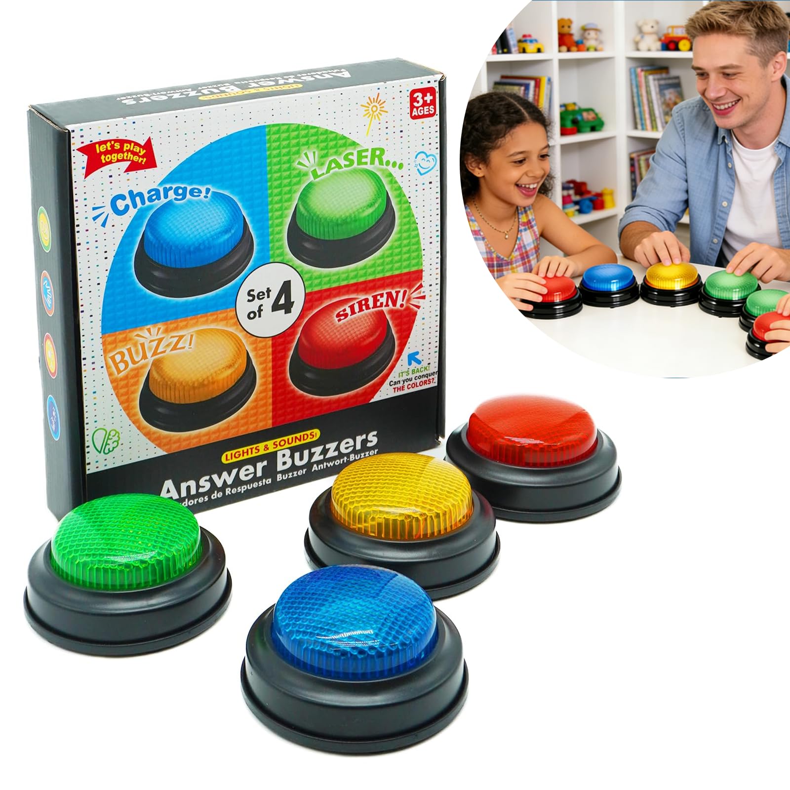 Set di 4 Buzzer – Pulsanti Risposta Luminosi & Sonori per Giochi Quiz, Famiglia e Aula