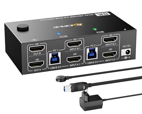 Switch KVM 2 PC 2 Monitor 8K@60Hz 4K@144Hz, ESKEVE HDMI2.1 Switch KVM per 2 PC Condividi 2 Monitor e 4 dispositivi USB3.0 (3USB-A+USB-C), con alimentazione 12V DC+telecomando a filo e 2 cavi USB