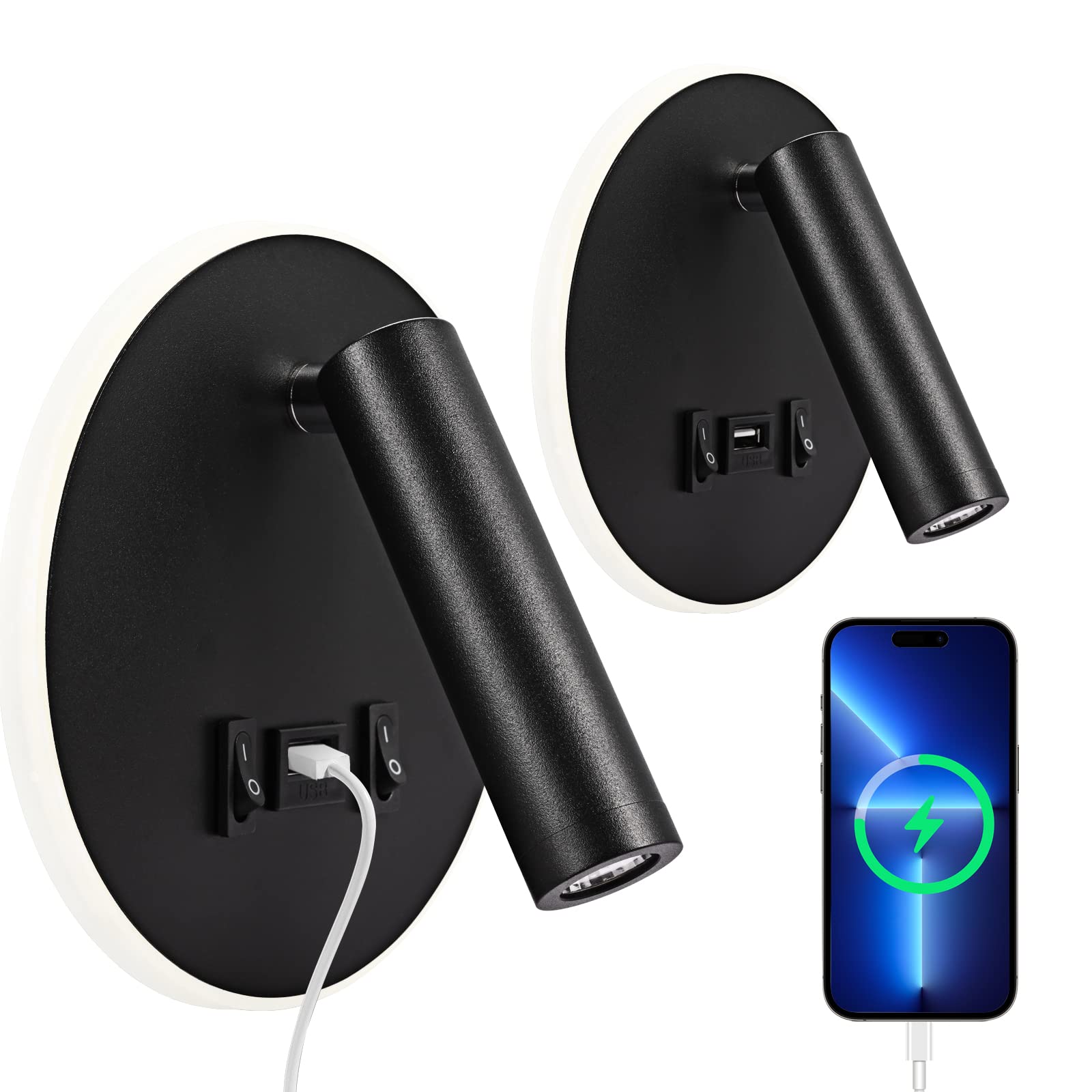 Weigudoc Lampada da Parete LED con USB, Nera