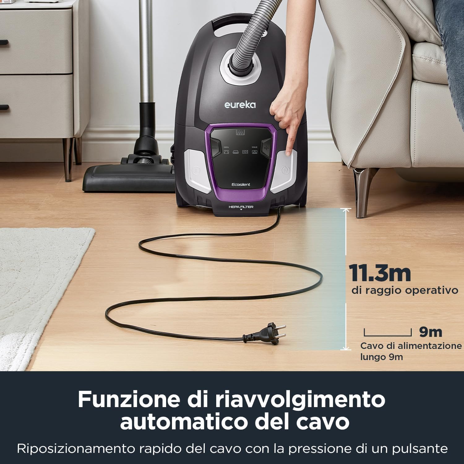 EUREKA NEN300 Aspirapolvere a sacco 700W Ultra Silenzioso 62 dB(A), con Filtro Igienico e Bocchetta per Pavimenti (Parquet, Moquette, Piastrelle), 2L, Potente per Tutti i Pavimenti - immagine 5