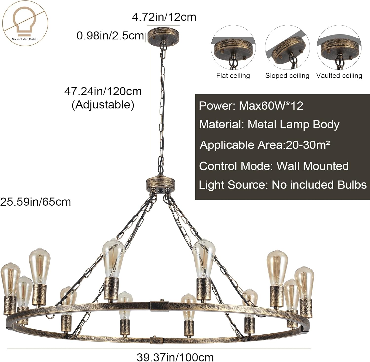 Eoodis Lampadario Rustico a 12 Luci, Oro 100cm - immagine 3