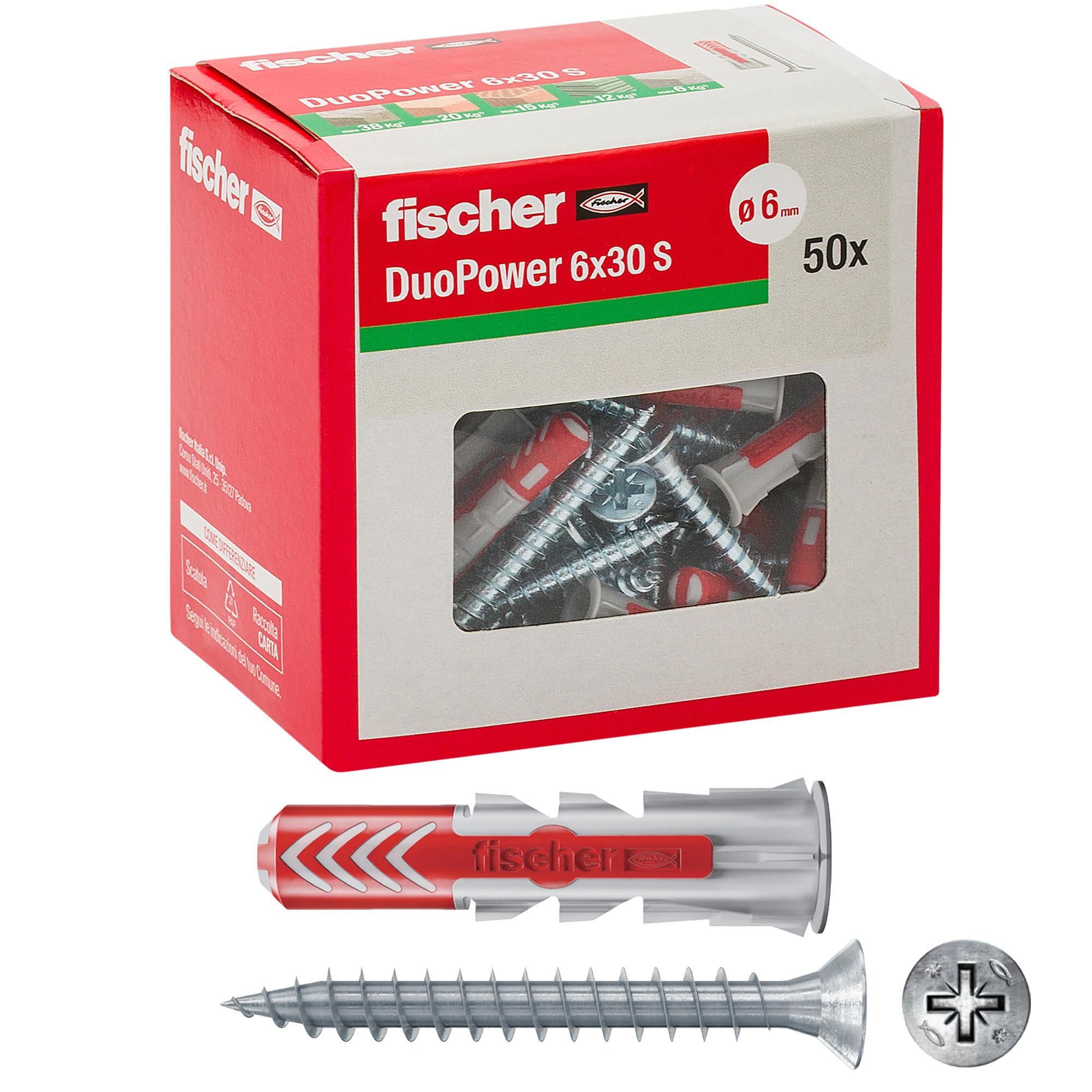 Fischer 50 Tasselli Duopower con Vite 6x30mm, Grigio