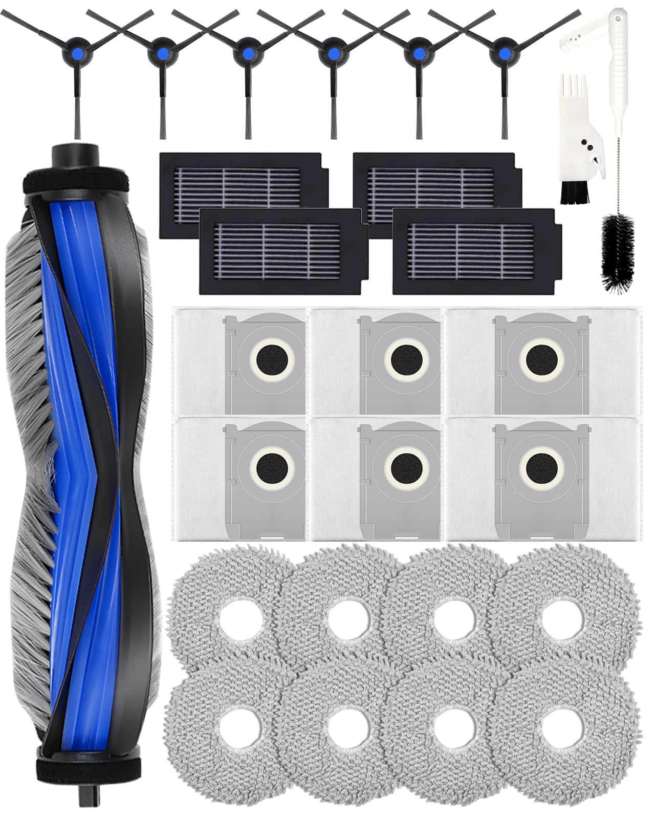 Per Ecovacs Deebot T50 / T50 Pro Omni / T50 Omni Gen2 / T50 Pro Omni Gen2, Set di Accessori da 27 Pezzi: 1 Spazzola, 6 Spazzole Laterali, 8 Tamponi per Mop, 4 Filtri Hepa, 6 Sacchetti per la Polvere