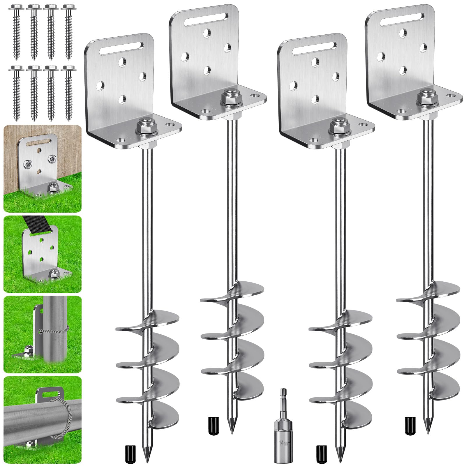 BeneLabel Picchetti per tenda, ancoraggio a terra, 69 cm, pesanti, 4 picchetti a vite, 7,6 cm, a spirale, per altalena, campeggio, capannone, cane/tettoia con piastra fissa