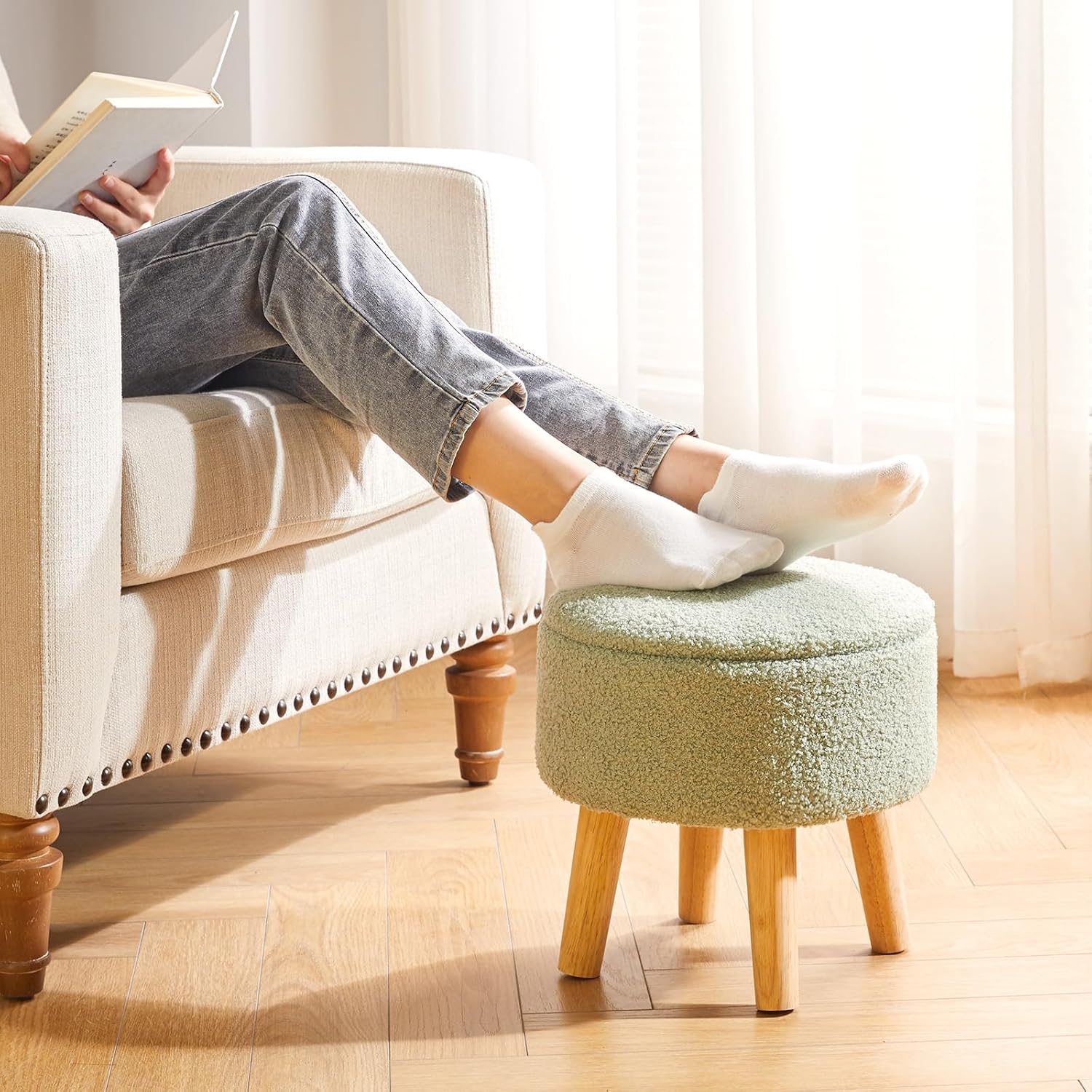 Ibuyke Poggiapiedi Ottomano Rotondo con Contenitore, Verde - immagine 2