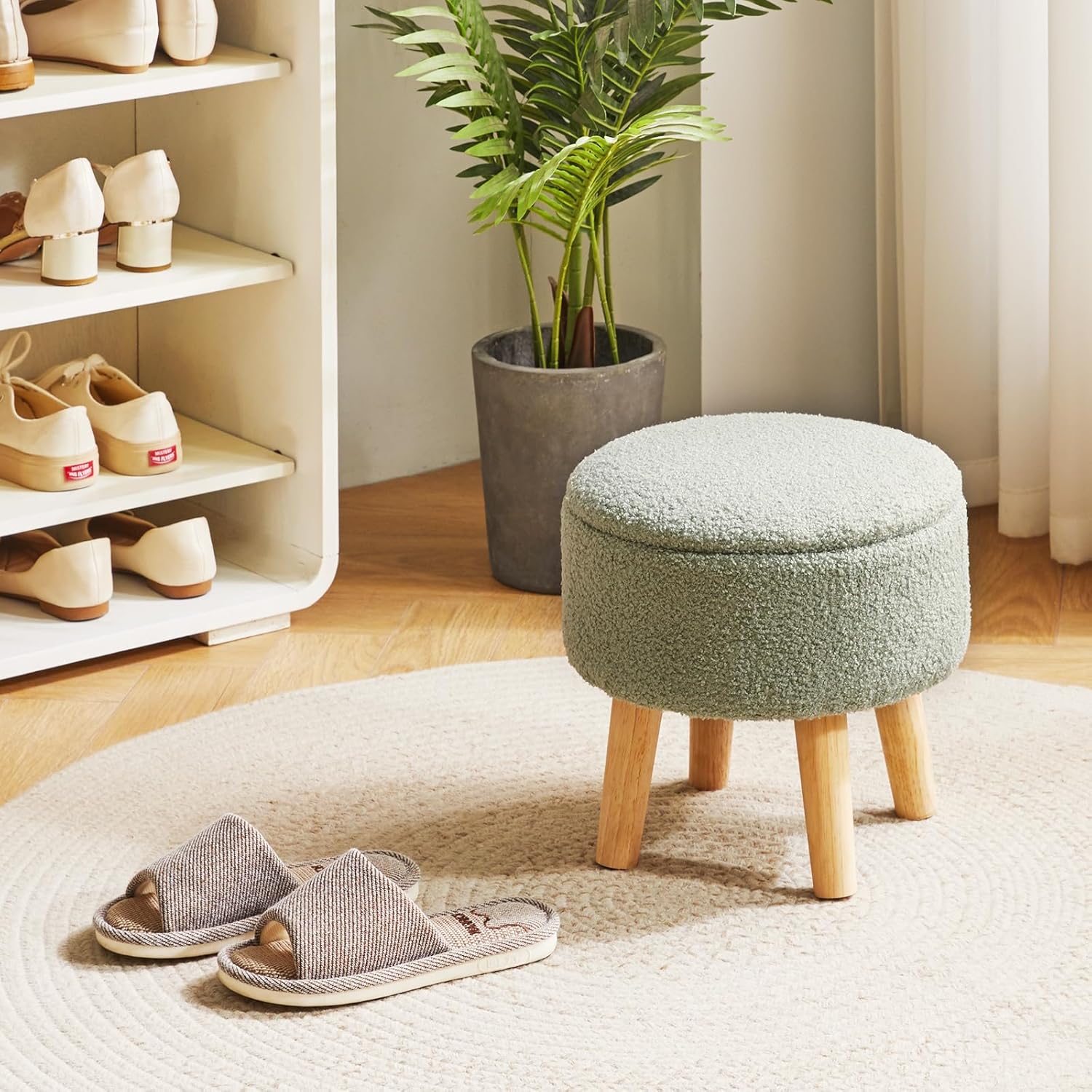 Ibuyke Poggiapiedi Ottomano Rotondo con Contenitore, Verde - immagine 6