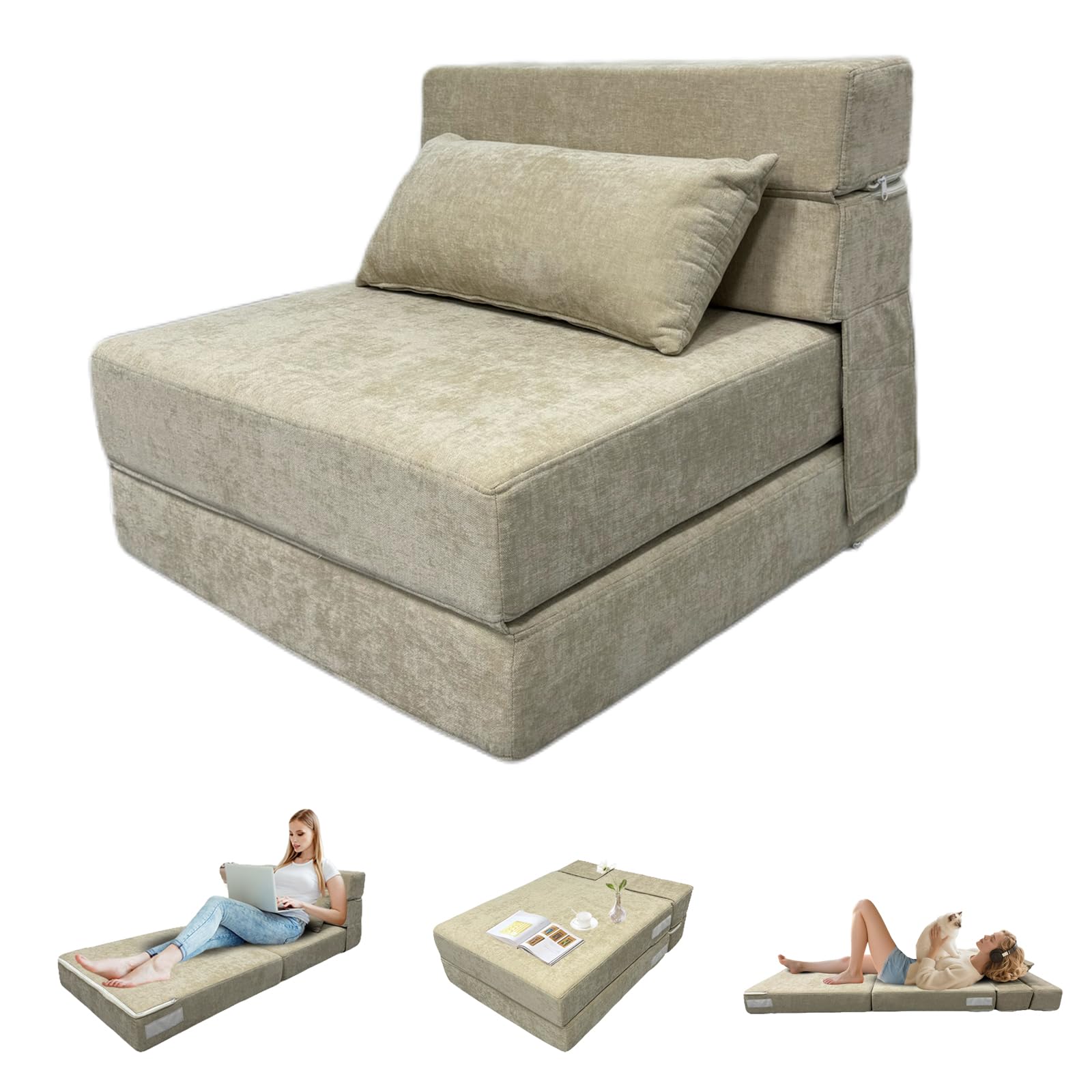 ANONER 70 x 190 cm Divano letto pieghevole, con cuscino, la sedia si può convertire in materasso, coperta di Divano rimovibile, perfetto per piccole stanze e spazi multifunzionali, Beige