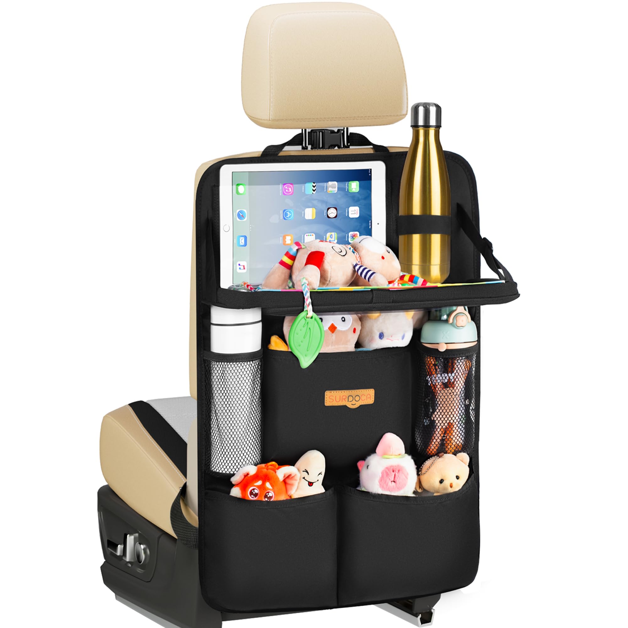 SURDOCA Organizer per auto per bambini con tavolo pieghevole, organizer per sedili posteriori con scomparto per tablet touchscreen, protezione per lo schienale impermeabile, si adatta alla maggior