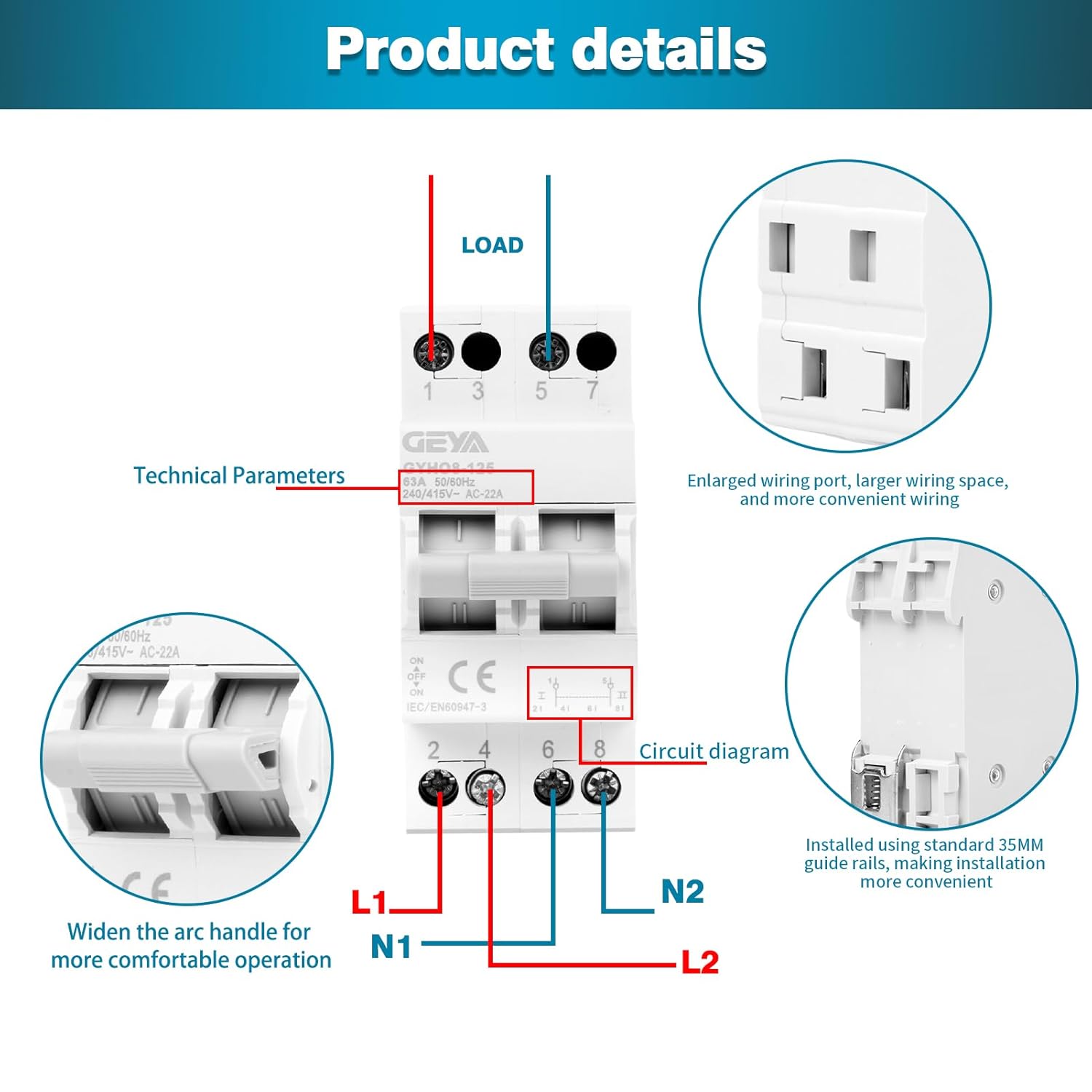 Geya Commutatore 2P 63A - Interruttore di Trasmissione Manuale - immagine 4
