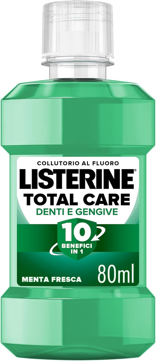 LISTERINE Collutorio Total Care Denti e Gengive, Collutorio da viaggio al gusto di Menta Fresca, In pratico formato viaggio e con Fluoro per denti forti e gengive sane in sole due settimane, 80 ml