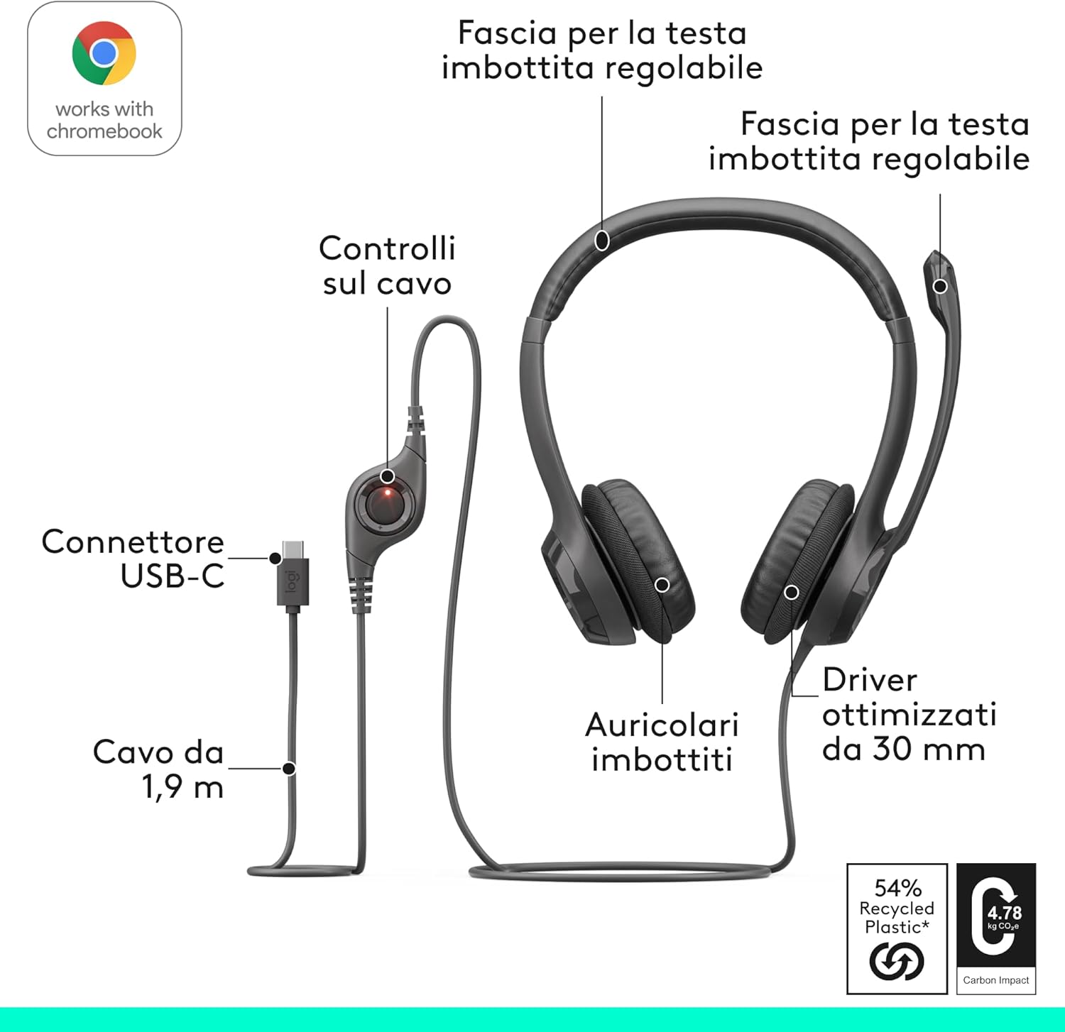 Logitech H390 - Cuffia con Microfono e Cavo, Nero - immagine 6