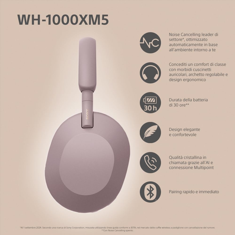 Sony WH-1000XM5 Cuffie Wireless Noise Cancelling, Rosa Fumè - immagine 2