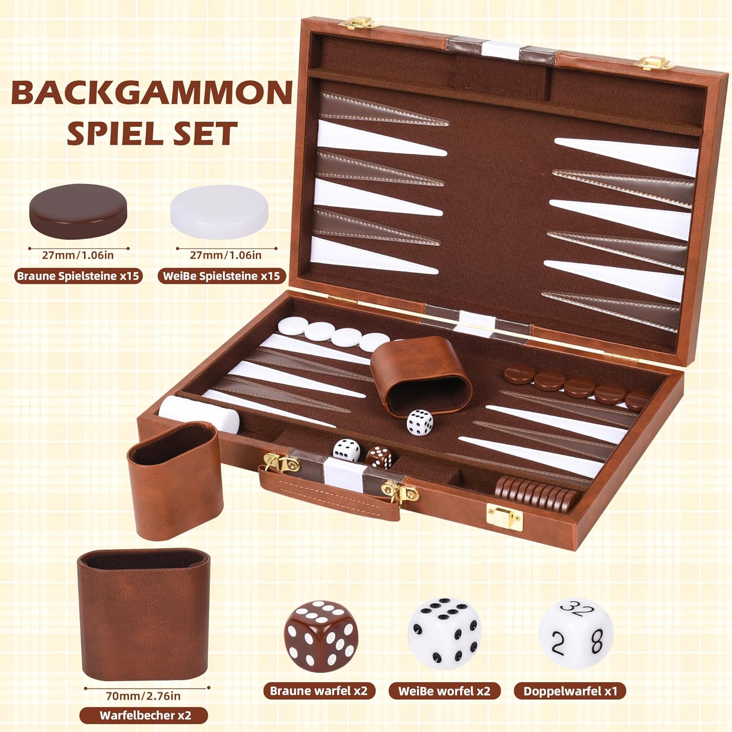 Backgammon Portatile 18 Pollici in Ecopelle, Marrone - immagine 3