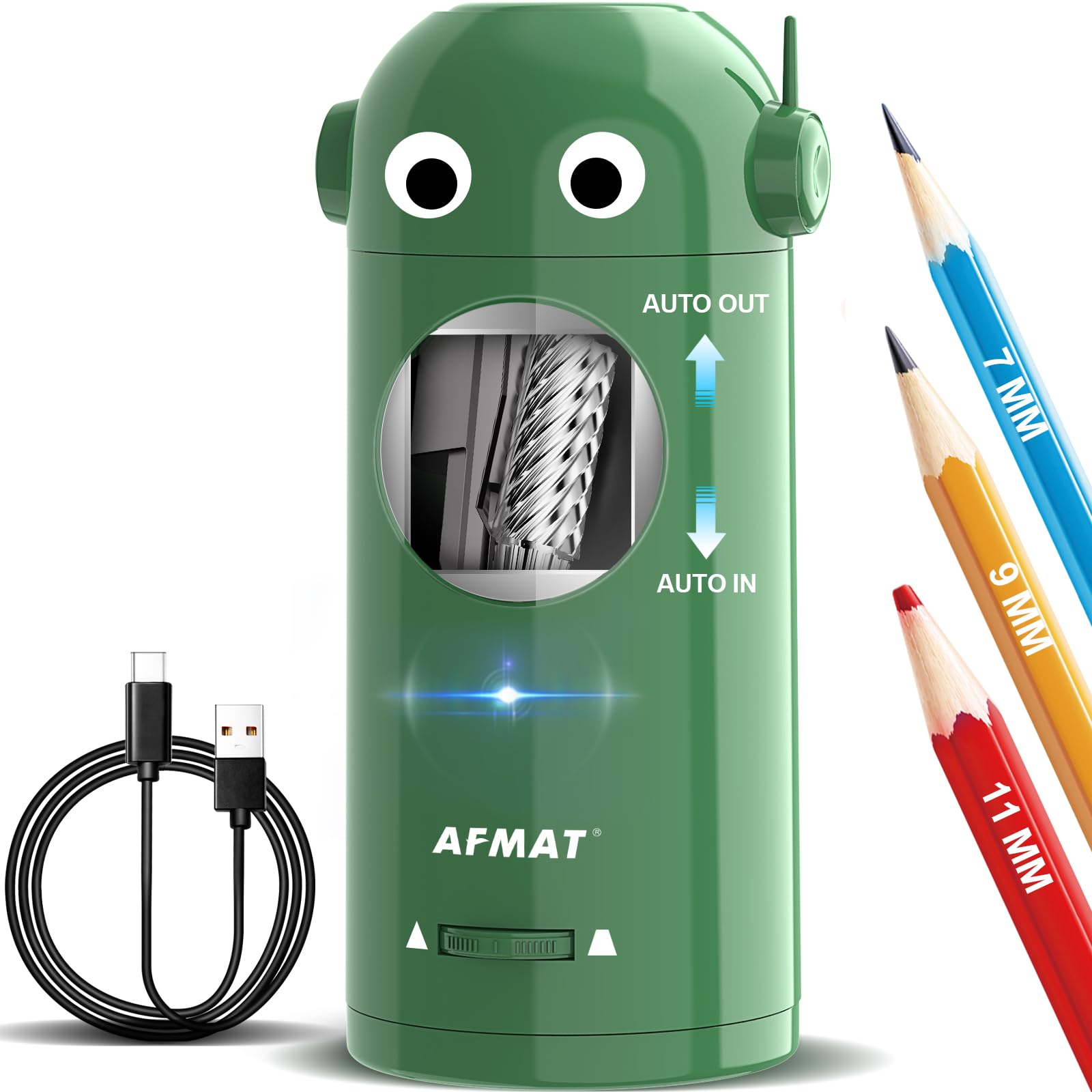 Temperamatite elettrico per matite colorate 7 – 11,5 mm, temperamatite robot, completamente automatico, ricaricabile, a mani libere, per matite grandi, funzionamento a batteria, verde