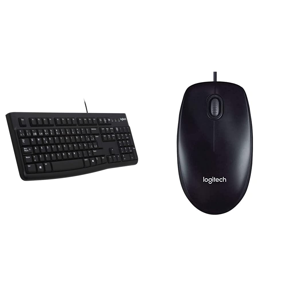 Logitech K120 Tastiera Cablata, Layout Spagnolo Qwerty & M90 Mouse USB Cablato, 1000 DPI, Mouse Ambidestro, Compatibile con PC/Mac/Laptop, Nero