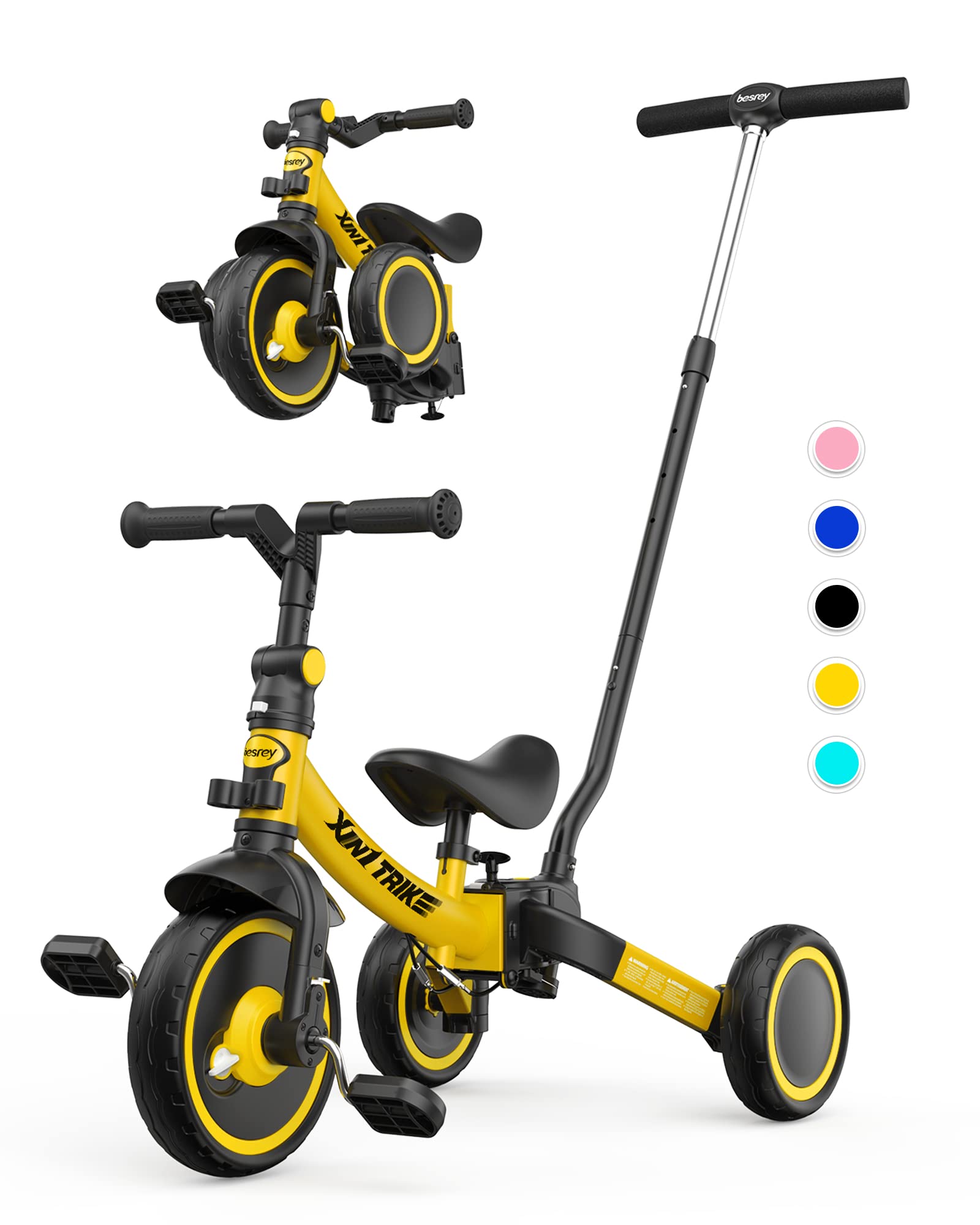 Besrey Triciclo per Bambini 7-in-1 Pieghevole, Giallo