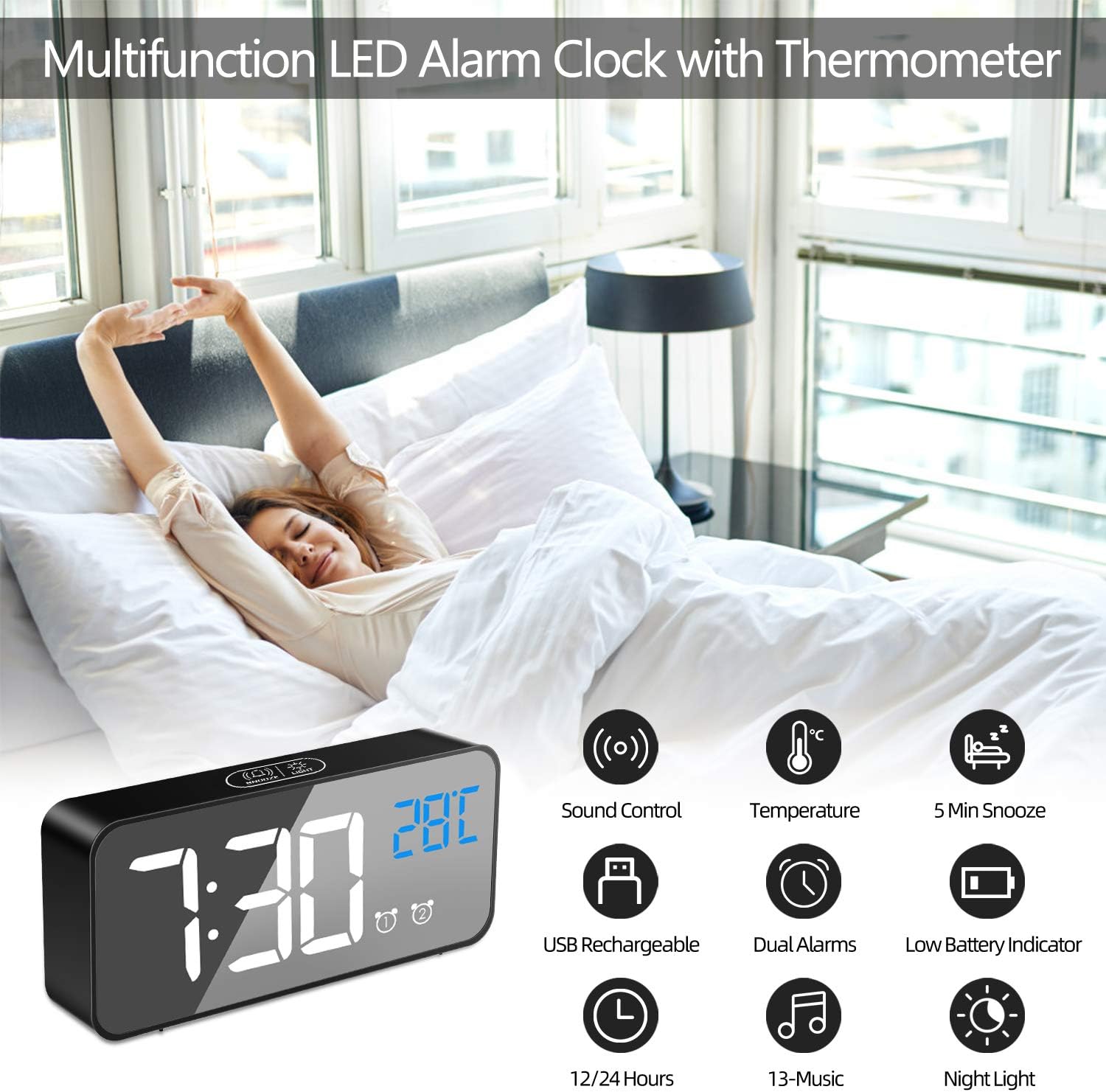 Mosuo Sveglia Digitale con Grande Schermo LED, Nero - immagine 2