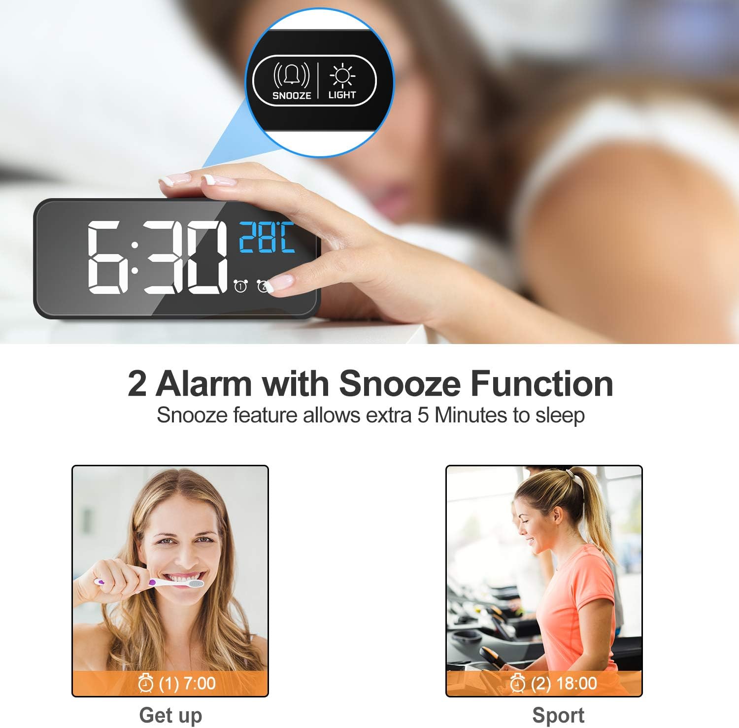 Mosuo Sveglia Digitale con Grande Schermo LED, Nero - immagine 7