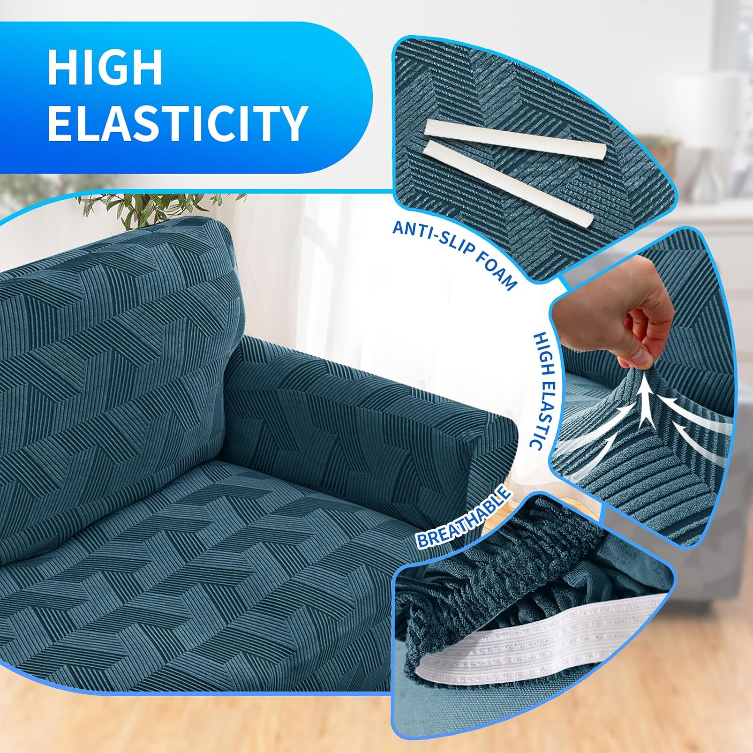 Copridivano Elasticizzato 3 Posti, Blu Pavone - immagine 5