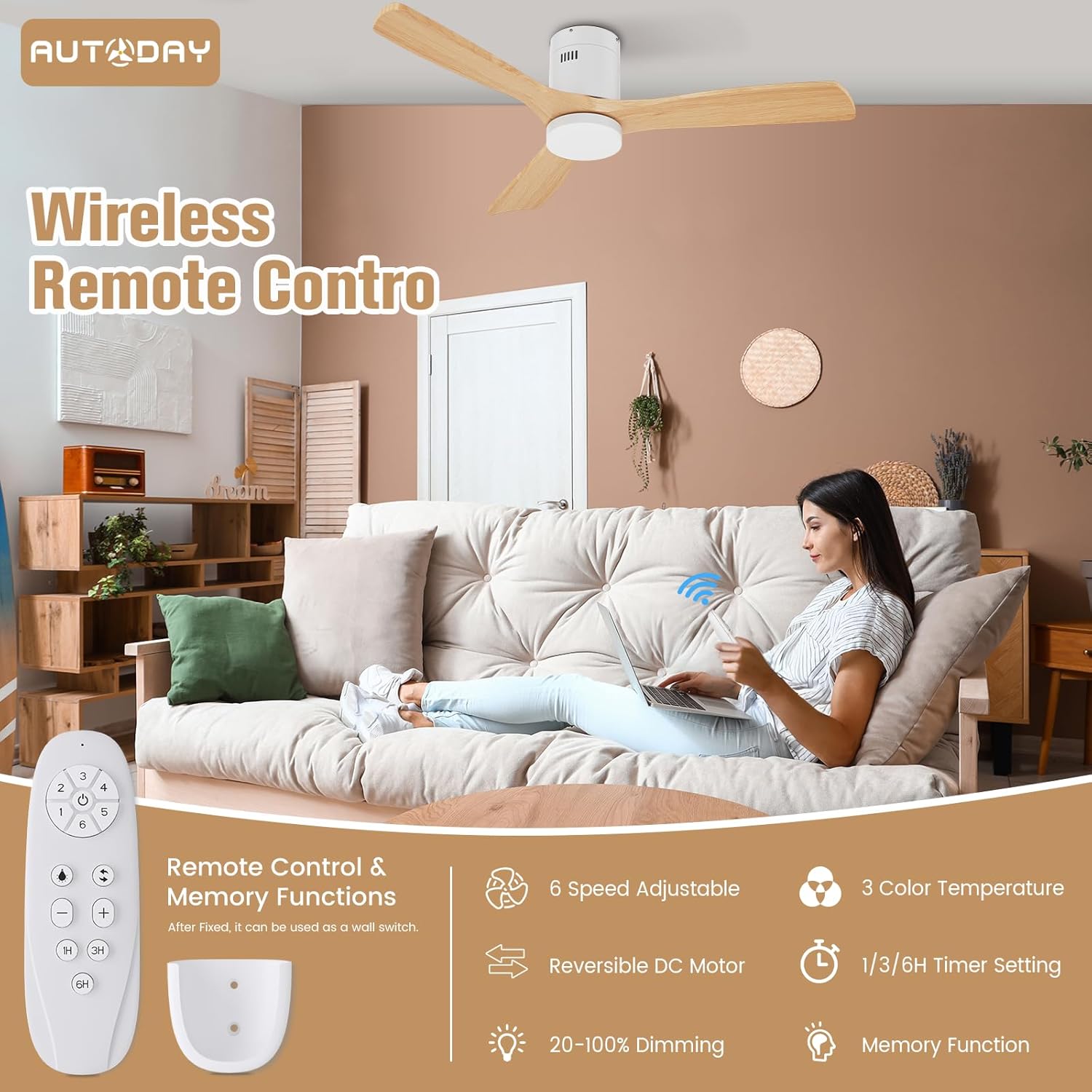 Ventilatore da Soffitto Legno 132cm con Luce LED 24W - immagine 4