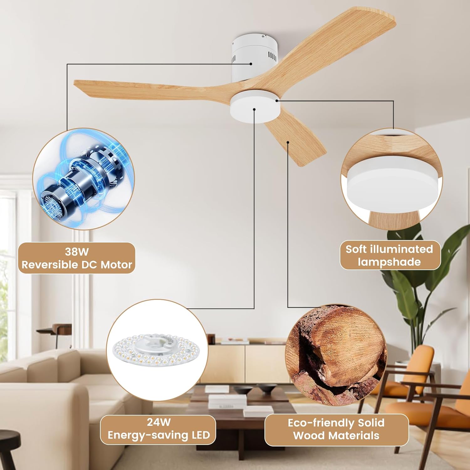 Ventilatore da Soffitto Legno 132cm con Luce LED 24W - immagine 8