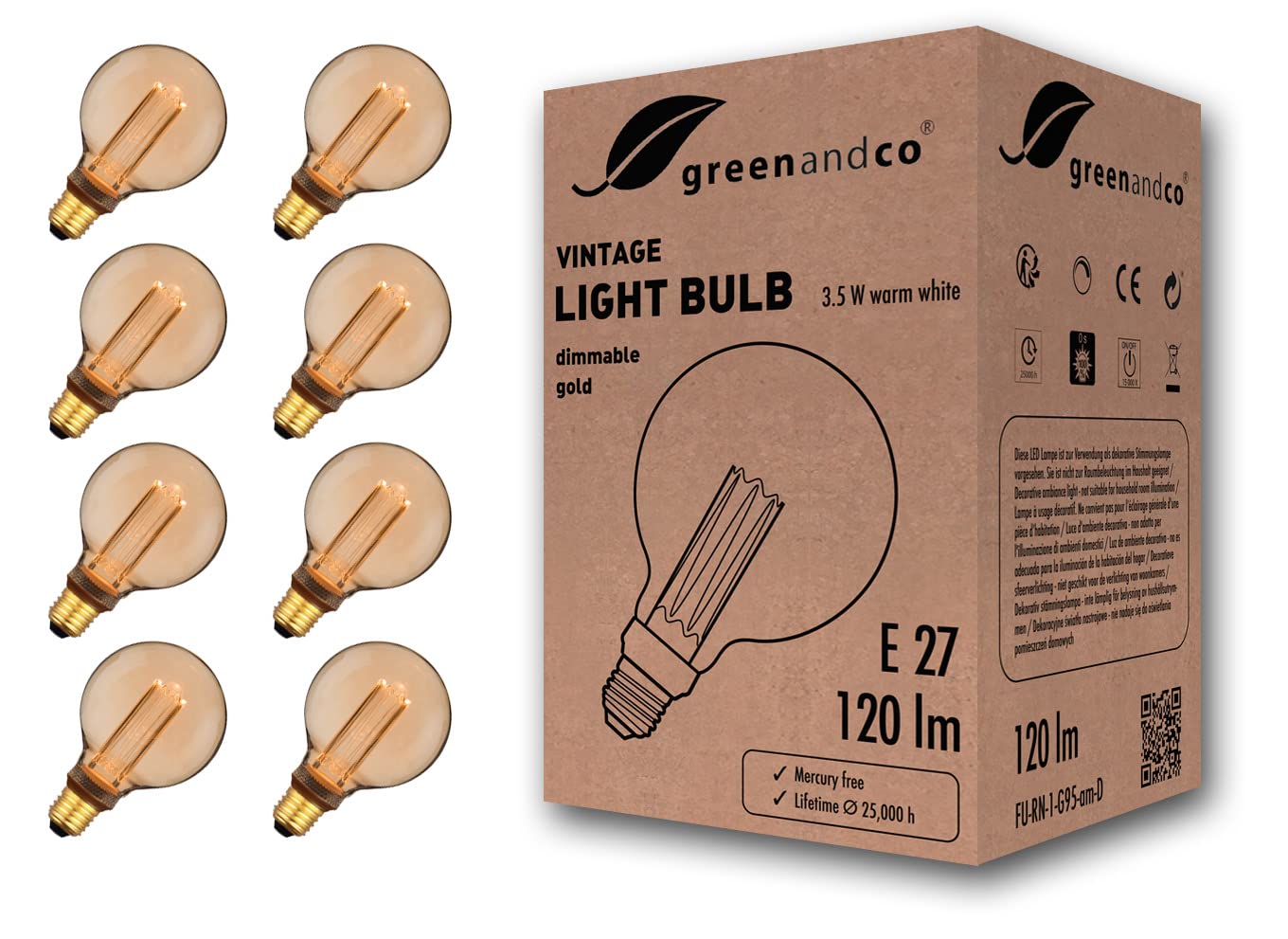 Greenandco 8x Lampadina LED Vintage E27 G95 3,5W, Ambra