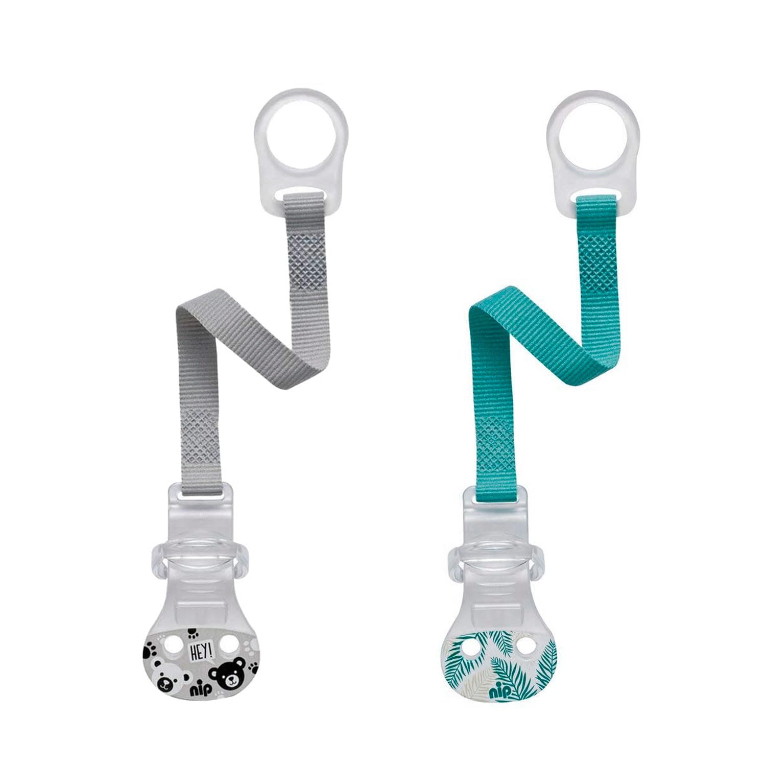 Nip - Set da 2 nastri per ciuccio con anello in silicone flessibile e chiusura comoda per tutti i ciucci,prodotto in Germania