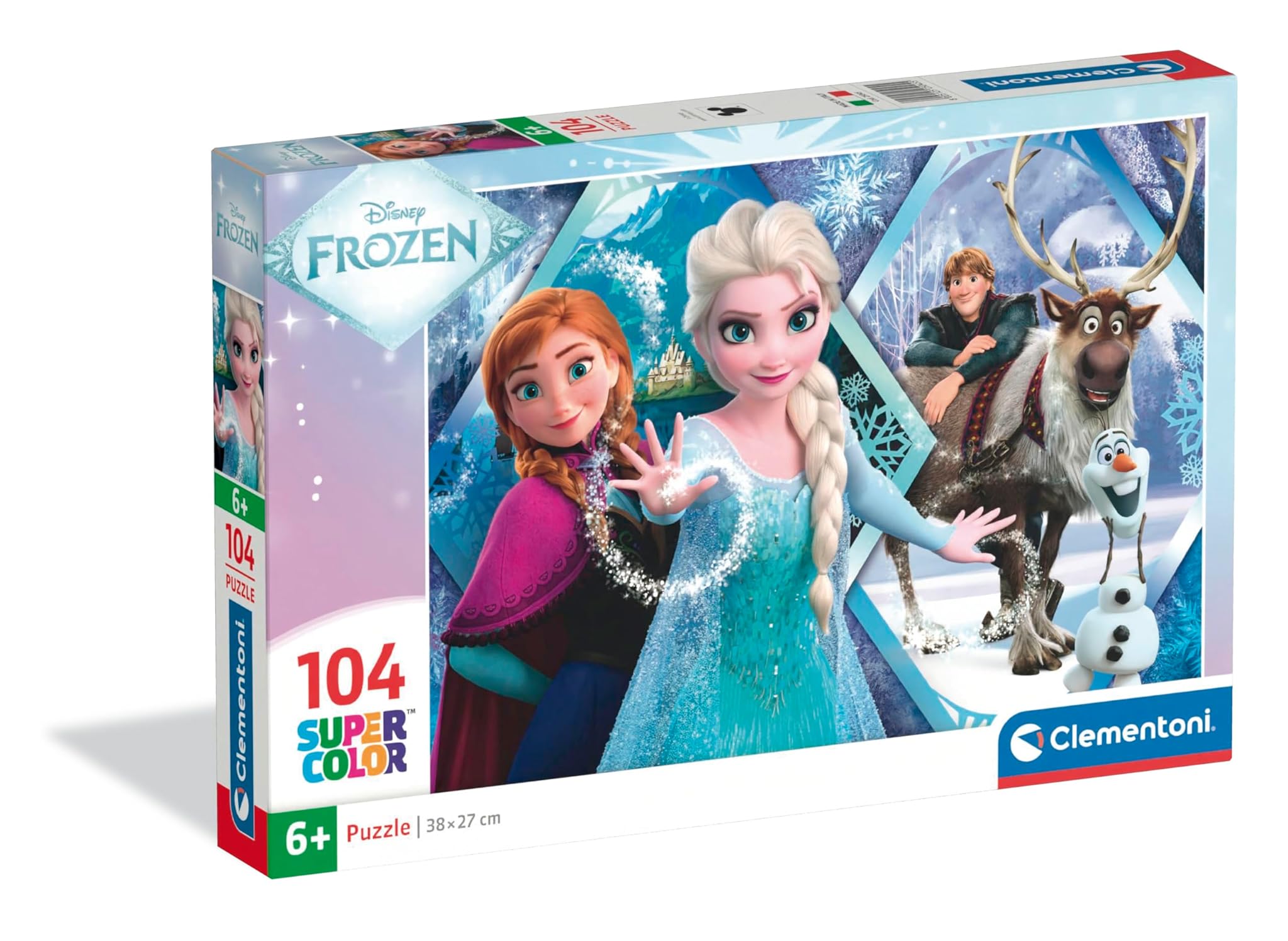 Clementoni - Puzzle per Bambini 104 Pezzi Supercolor, per Bambini 6+ Anni, Illustrazione con Personaggi dal Cartone Disney Frozen, Idea Regalo, Made in Italy, 38x27 cm, 25045