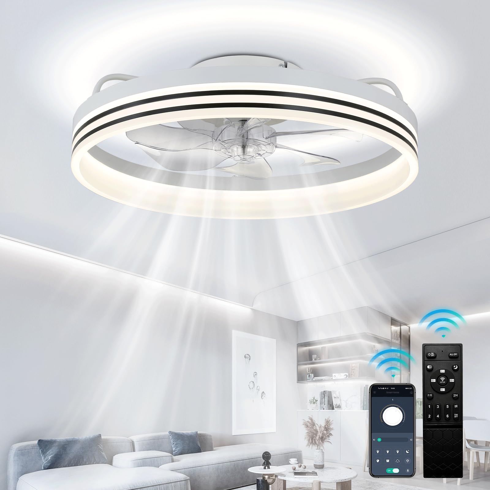 Cainjiazh Ventilatore da Soffitto con Luci LED e Telecomando, Bianco
