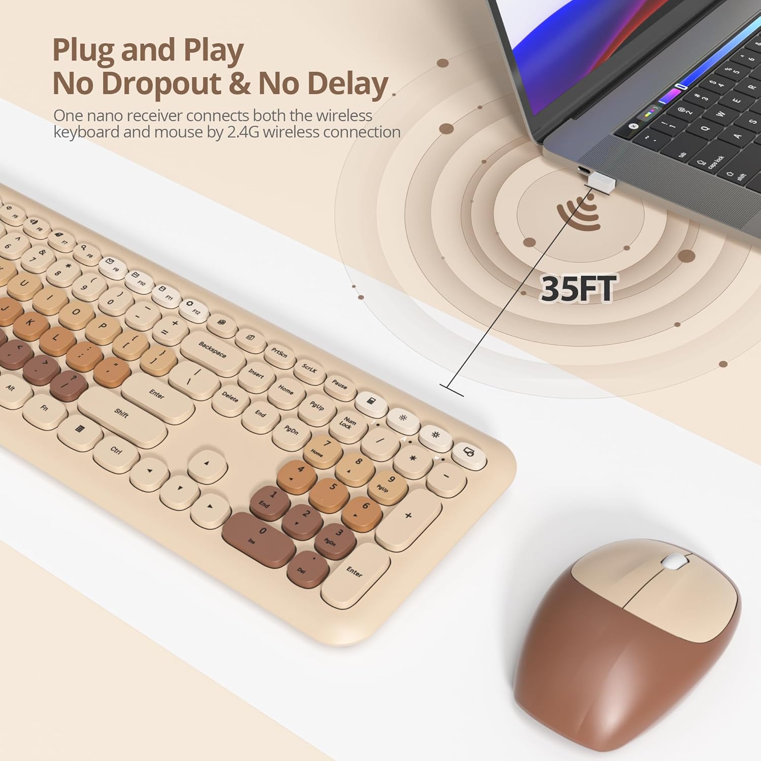 Solidee Combo Tastiera e Mouse Wireless 2.4GHz, Coffee - immagine 3