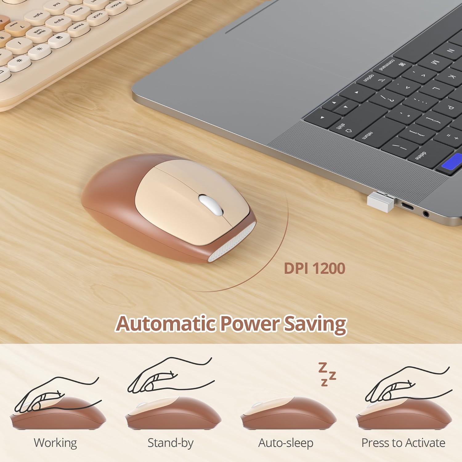 Solidee Combo Tastiera e Mouse Wireless 2.4GHz, Coffee - immagine 4