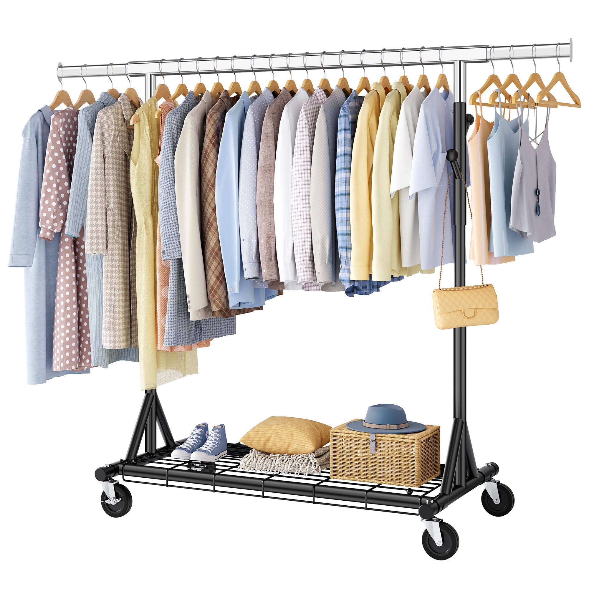 FAVOOSTY Stand Appendiabiti con Ruote, Attaccapanni Estensibile per Carichi Pesanti, Portata Totale 200 kg - 50 x (106-176) x 170 cm, installazione rapida 1 minuto,Nero