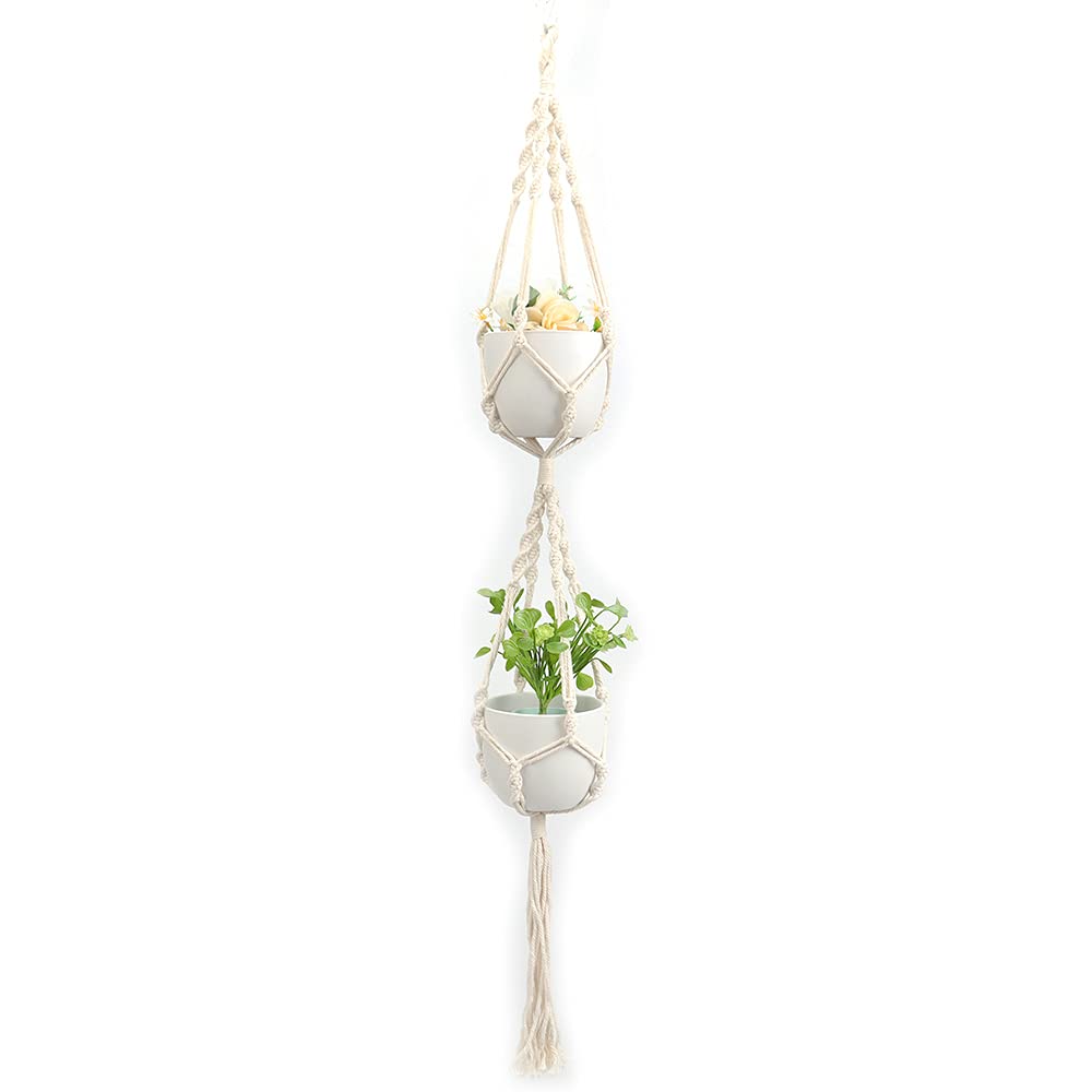 Appendiabiti per vasi da Fiori in Corda di Cotone Intrecciata Fai-da-Te,Porta Piante Fatto a Mano per Regalo Rotondi e Quadrati,Doppio Strato di Fiori da Appendere per Interni ed Esterni