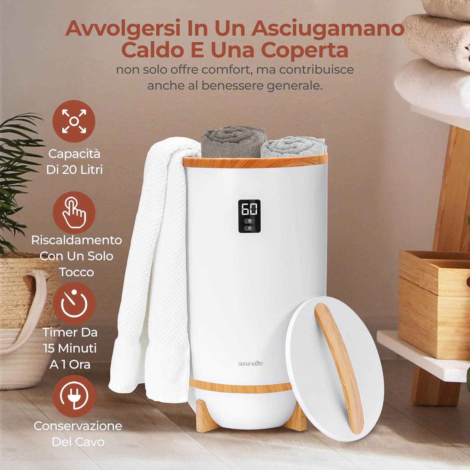 SereneLife Scalda Asciugamani e Coperte Single Touch - immagine 6