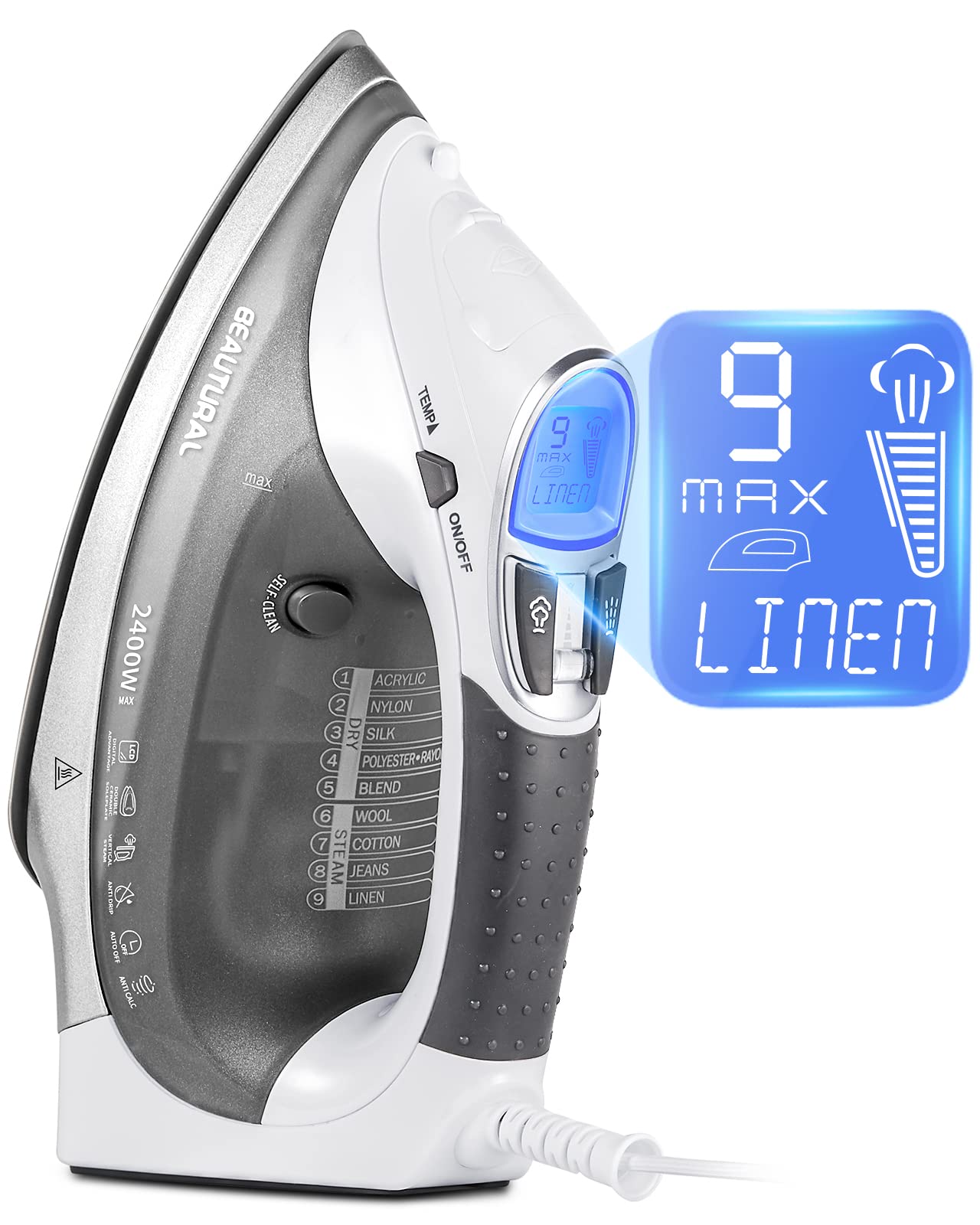 Beautural Ferro da Stiro a Vapore 2400W con Display LCD