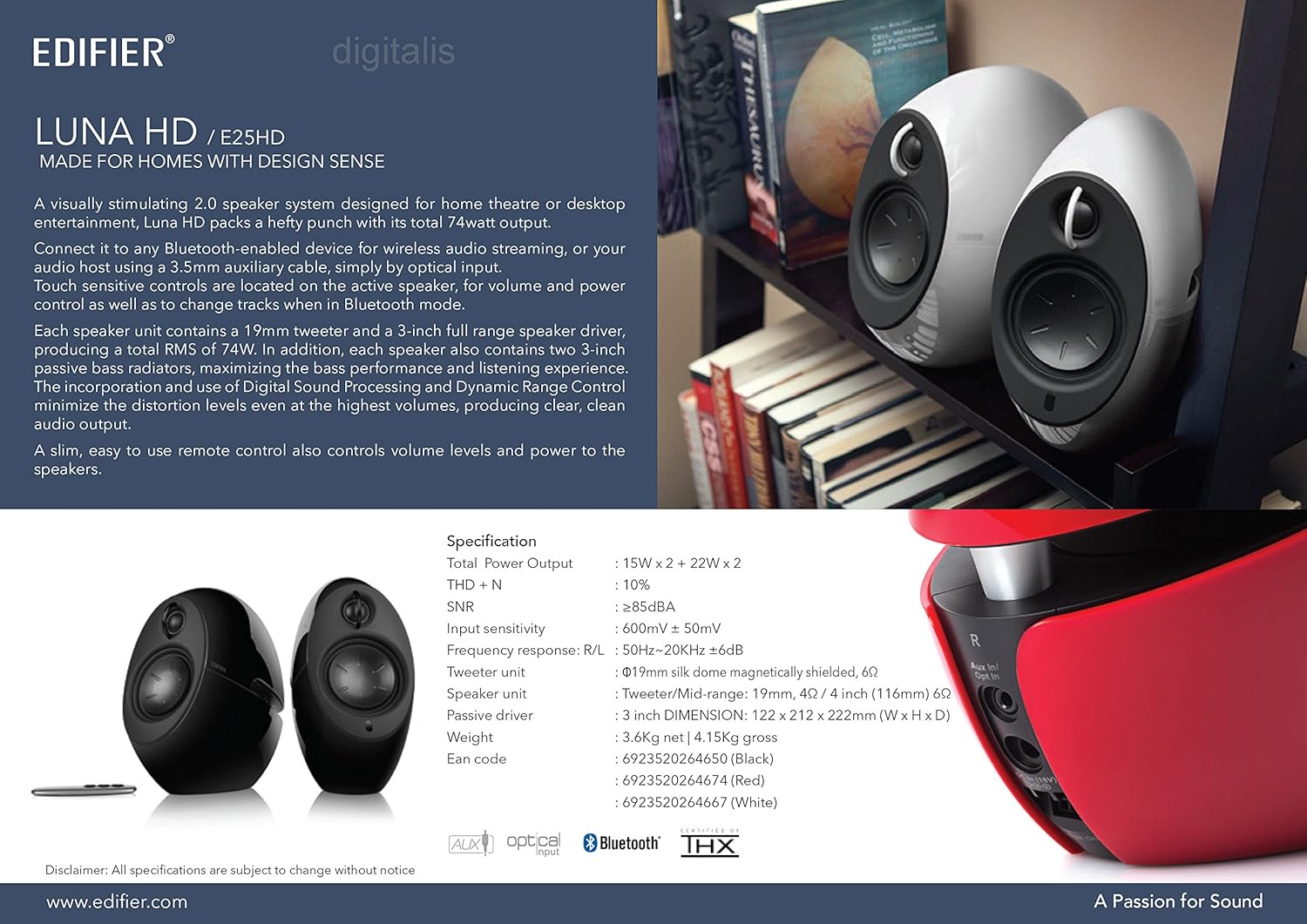 Edifier E25HD Luna Eclipse - Altoparlanti Bluetooth 4.0, Rosso - immagine 5