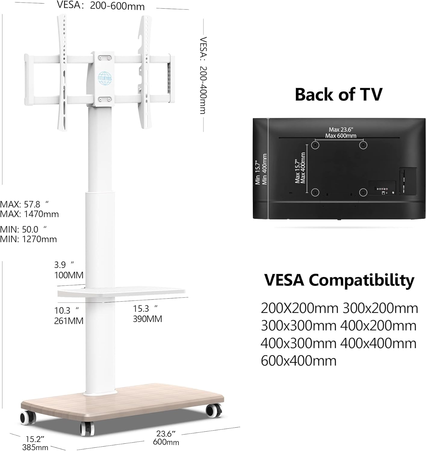 Fitueyes Carrello Porta TV con Ruote 32-70 Pollici, Bianco - immagine 6
