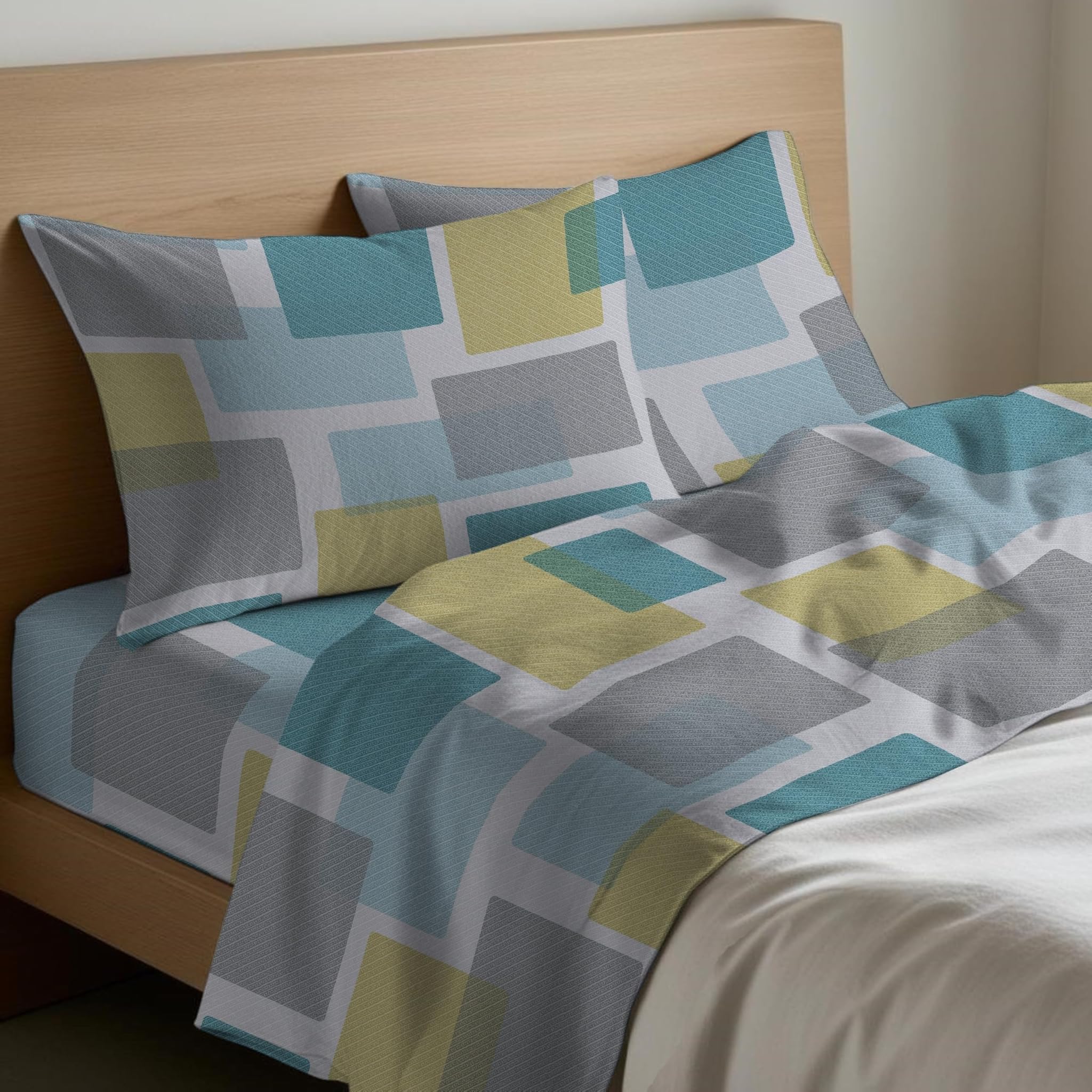 Mahome Completo Letto in Flanella 100% Cotone, Square Azzurro