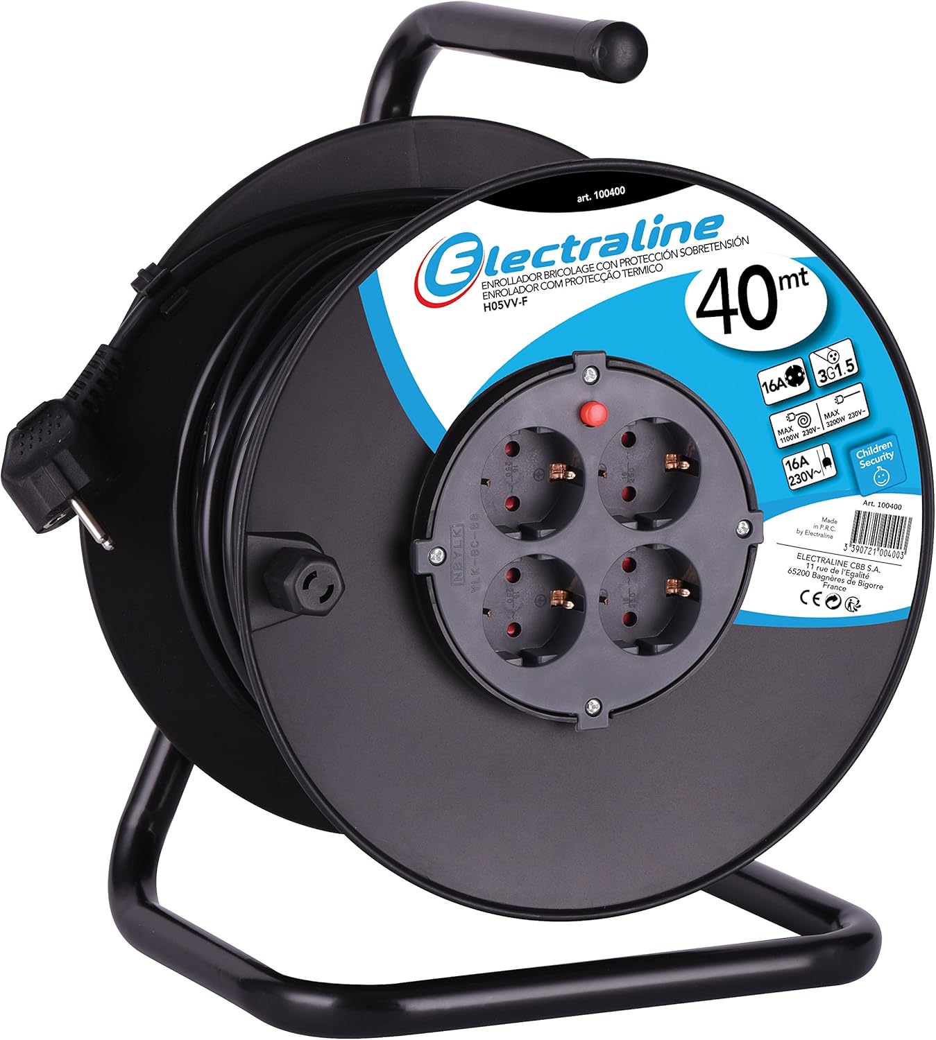 Electraline 600150 – Avvolgicavo, 40 m, 4 prese, colore: nero