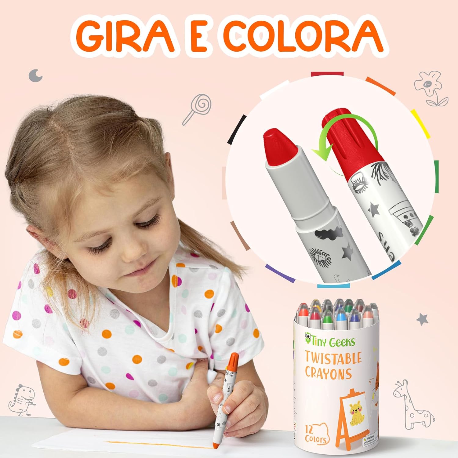 Tinygeeks 12 Pastelli a Cera Twistabili Non Tossici - immagine 2