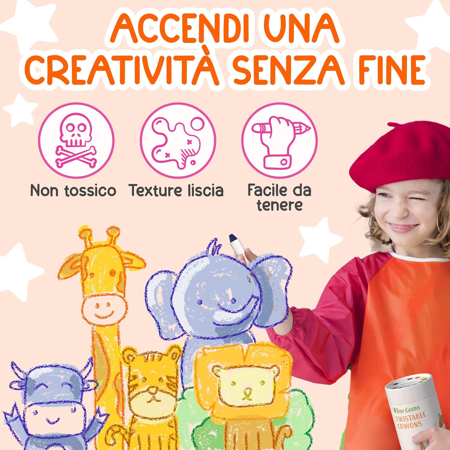 Tinygeeks 12 Pastelli a Cera Twistabili Non Tossici - immagine 3