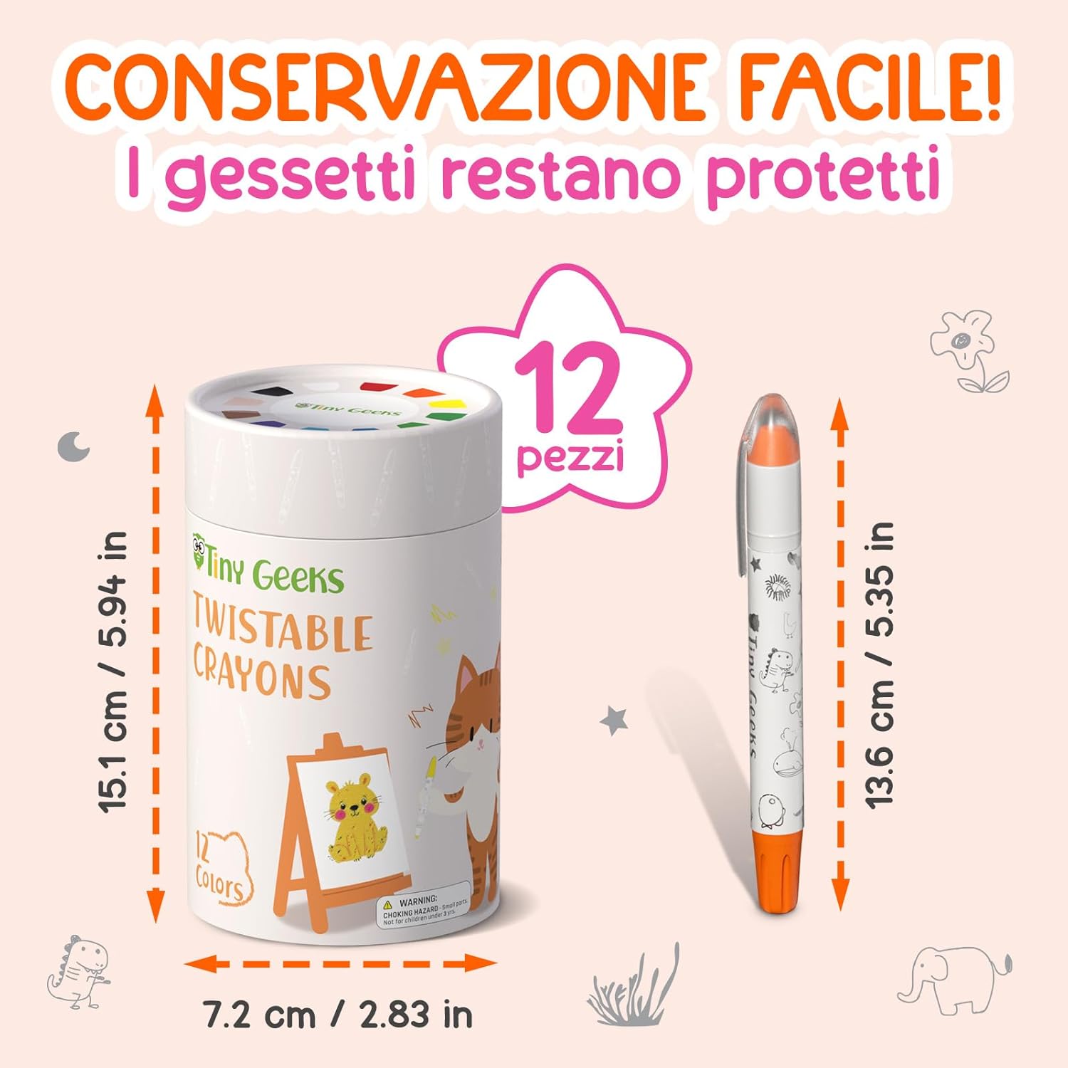 Tinygeeks 12 Pastelli a Cera Twistabili Non Tossici - immagine 7